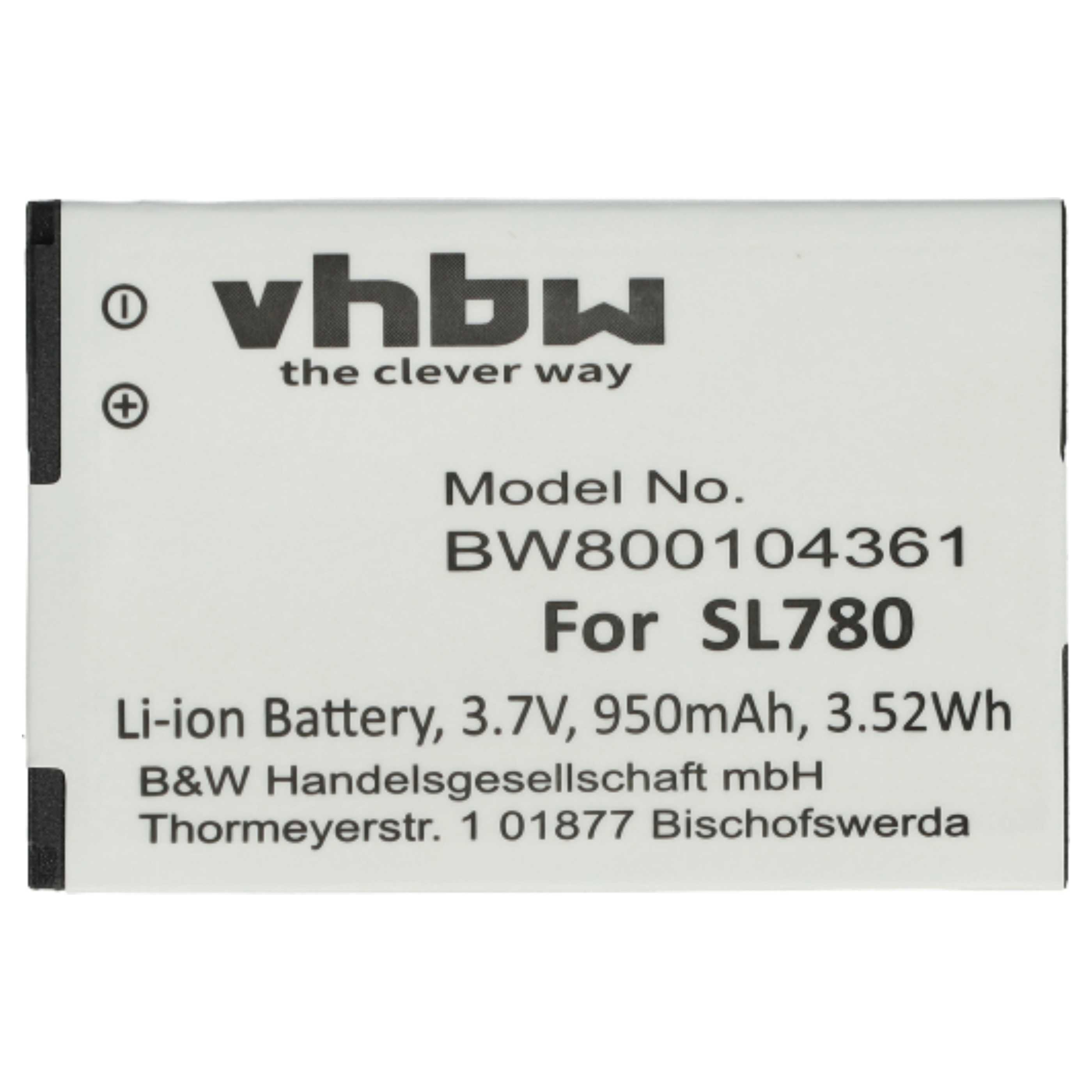 Weißes Etikett mit Text: vhbw, Modellnummer und Batterieinformationen, für eine Li-Ionen-Batterie.