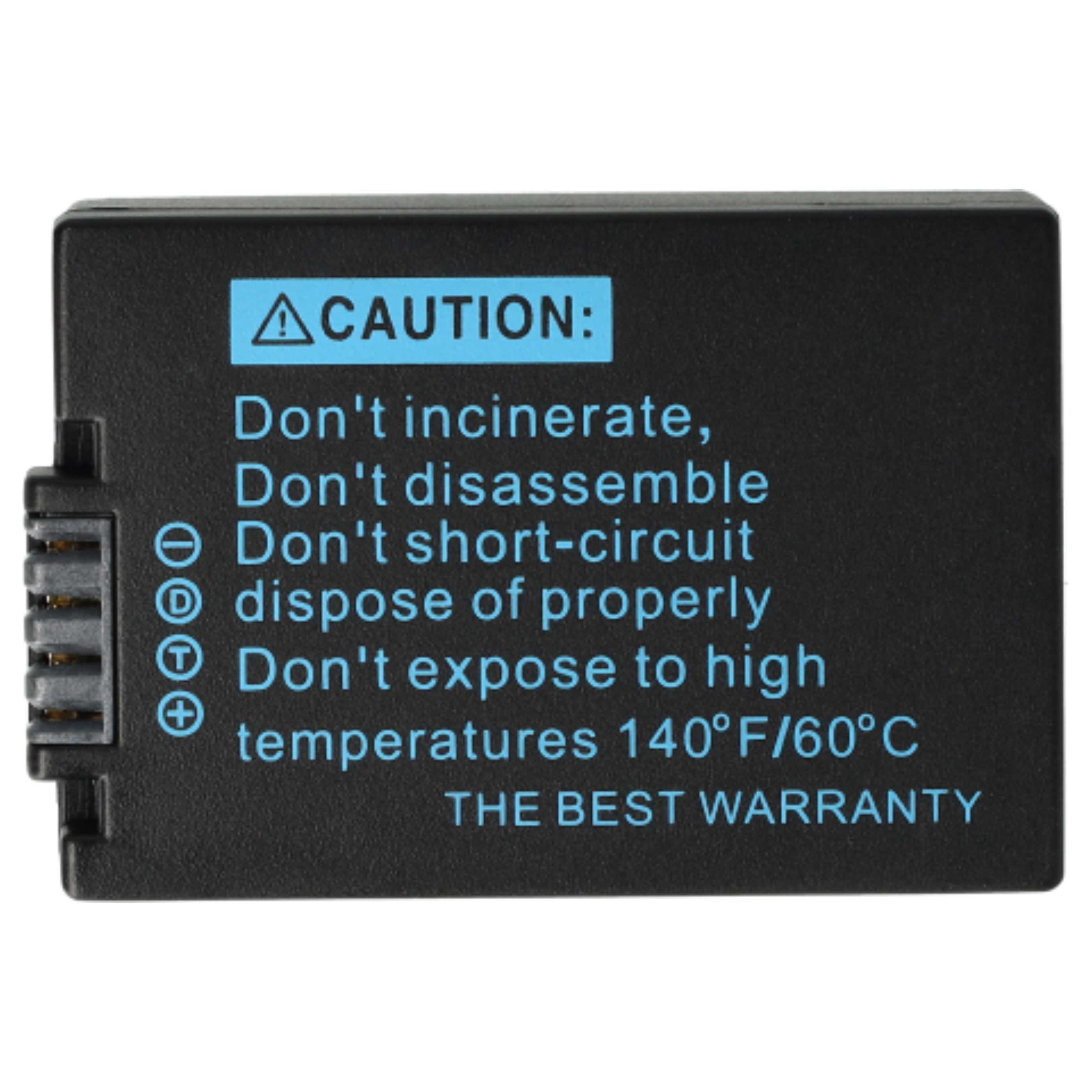Eine schwarze Batterie mit Vorsichtshinweisen und weißem Text wird aus der Nähe gezeigt.