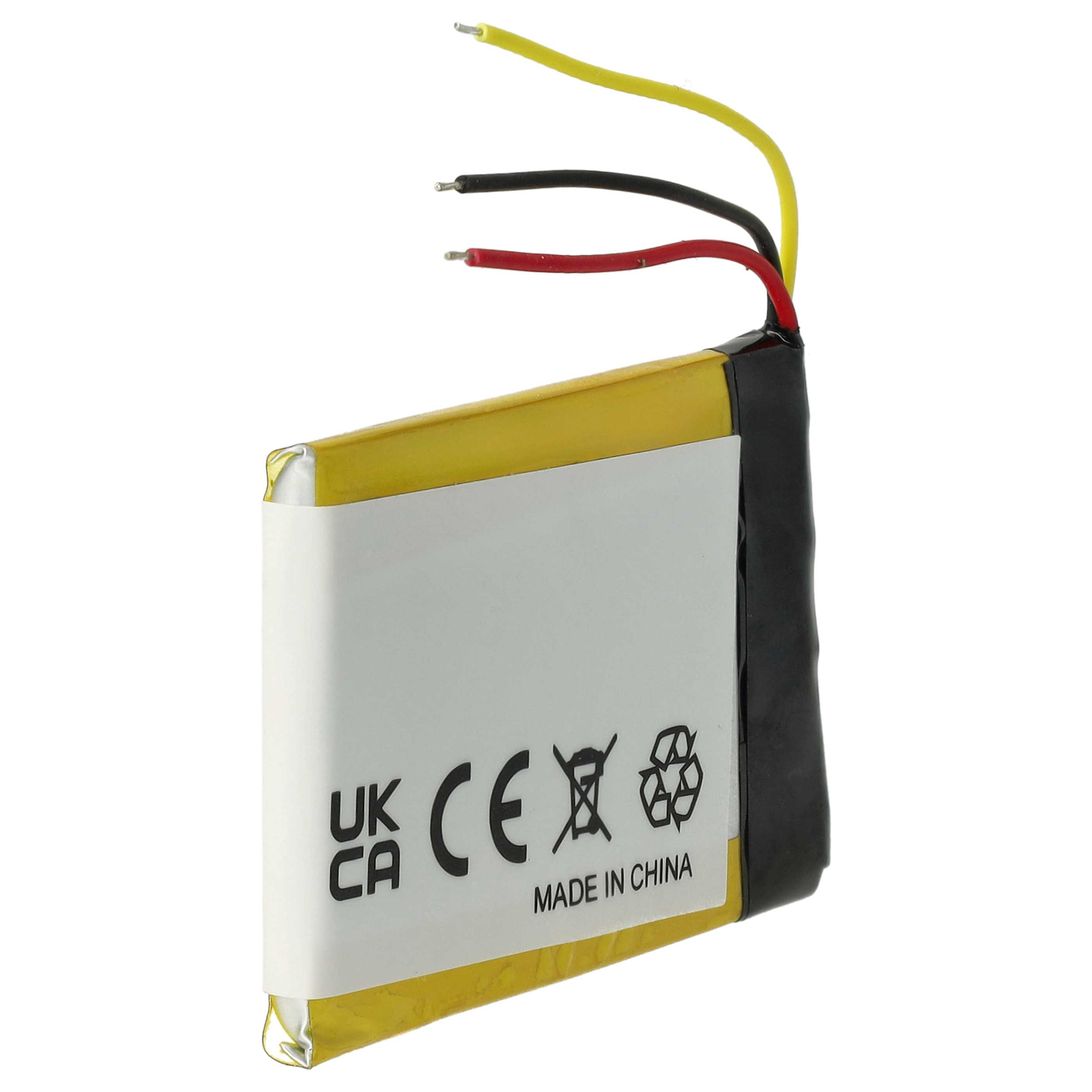 Eine gelb-weiße Batterie mit schwarzen und roten Drähten, gekennzeichnet mit CE und Made in China.