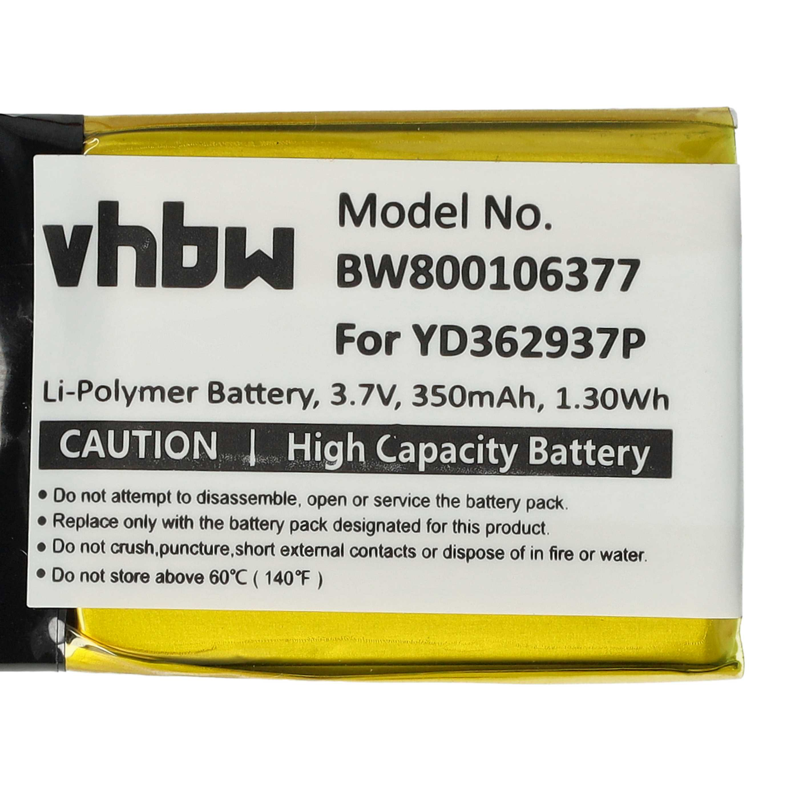 Eine gelbe Batterie mit einem weißen Etikett, das Modell, Kapazität und Warnungen angibt.