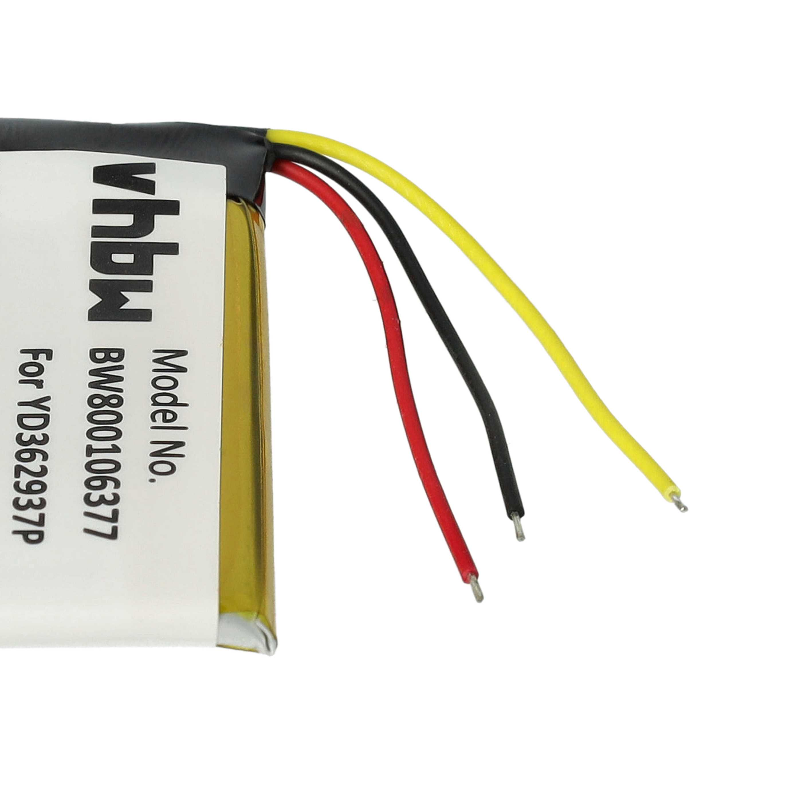 Batterie mit drei farbigen Drähten: gelb, rot und schwarz. Die Batterie hat ein weißes Etikett.