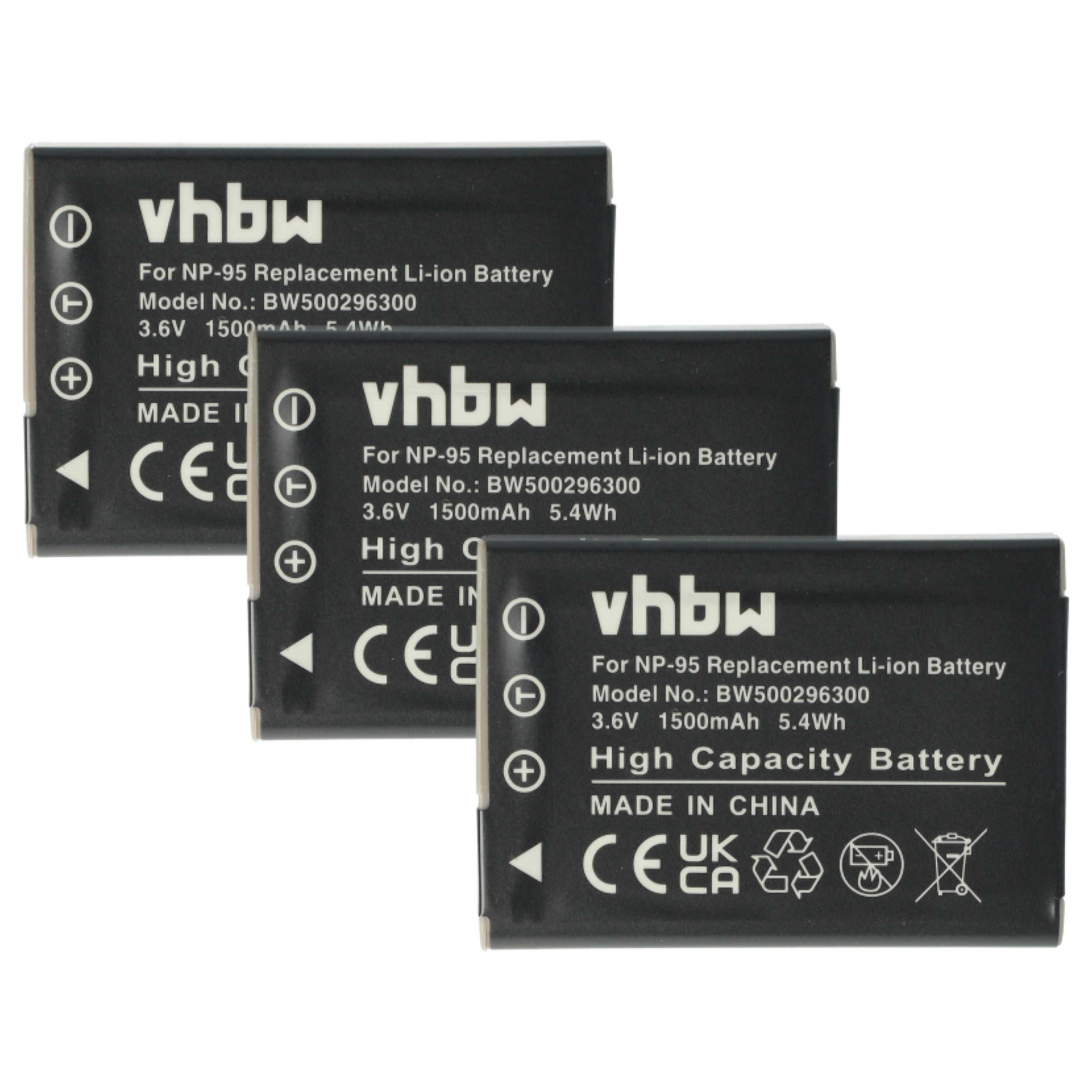 Drei schwarze Batterien mit weißem Text. Die Marke vhbw ist sichtbar.
