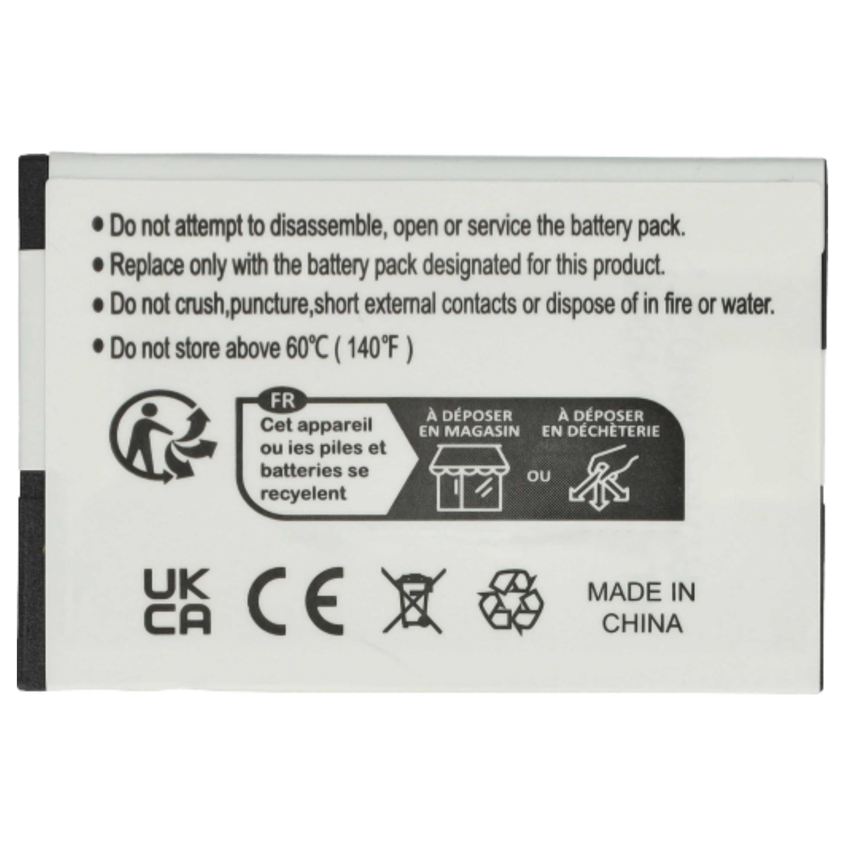 Batterie mit Warnhinweisen, Recycling-Symbolen und Anweisungen, weißer Hintergrund.
