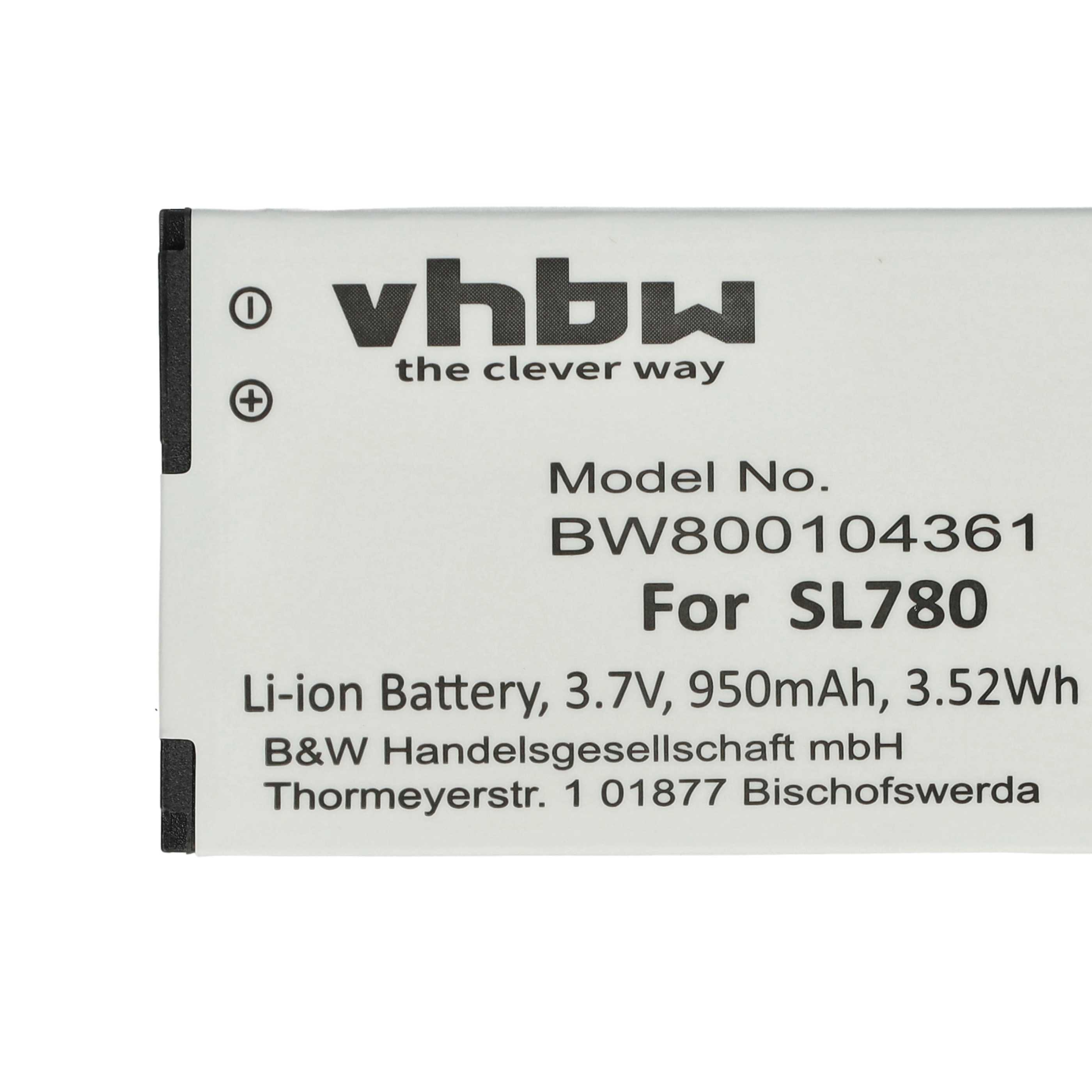 Eine weiße Batterie mit Text: 'vhbw the clever way', Modelldetails und Plus/Minus-Zeichen.