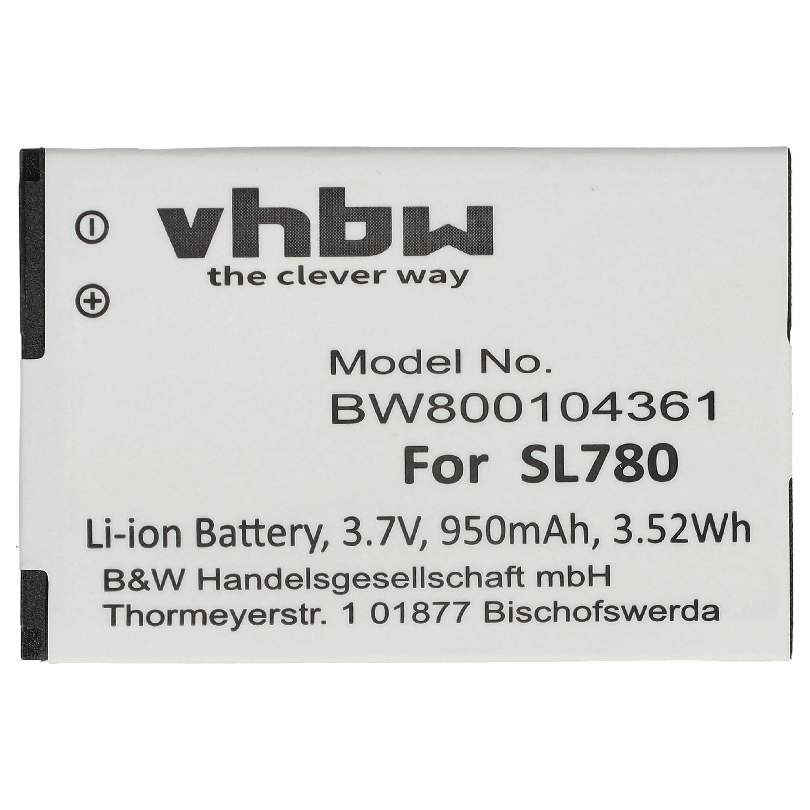 Weißer rechteckiger Akku mit Text: vhbw, Modell-Nr. BW800104361 und Li-Ion-Akku-Details.