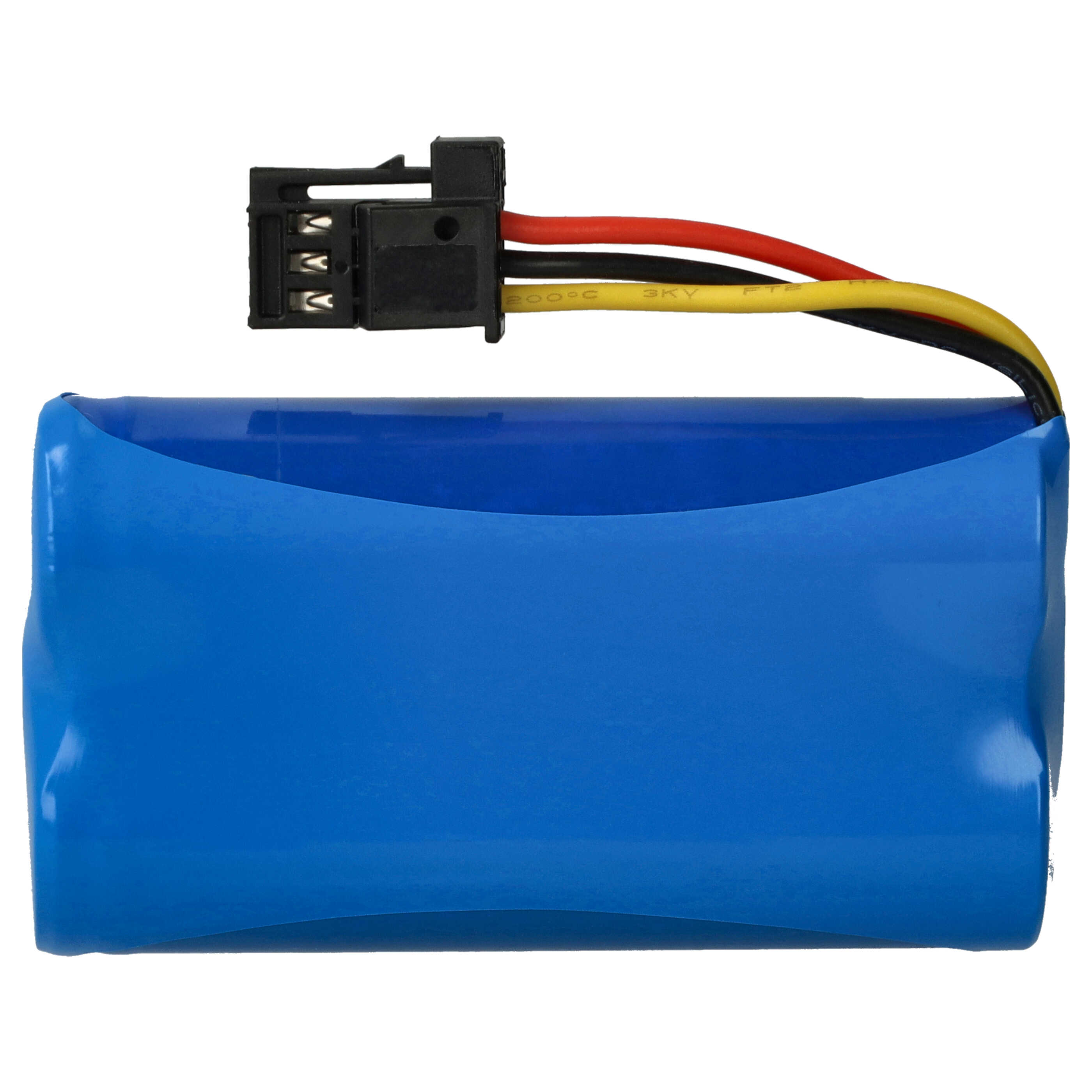 Blaue Batterie mit schwarzen und roten Drähten, die mit einem schwarzen Stecker verbunden sind. Weißer Hintergrund.