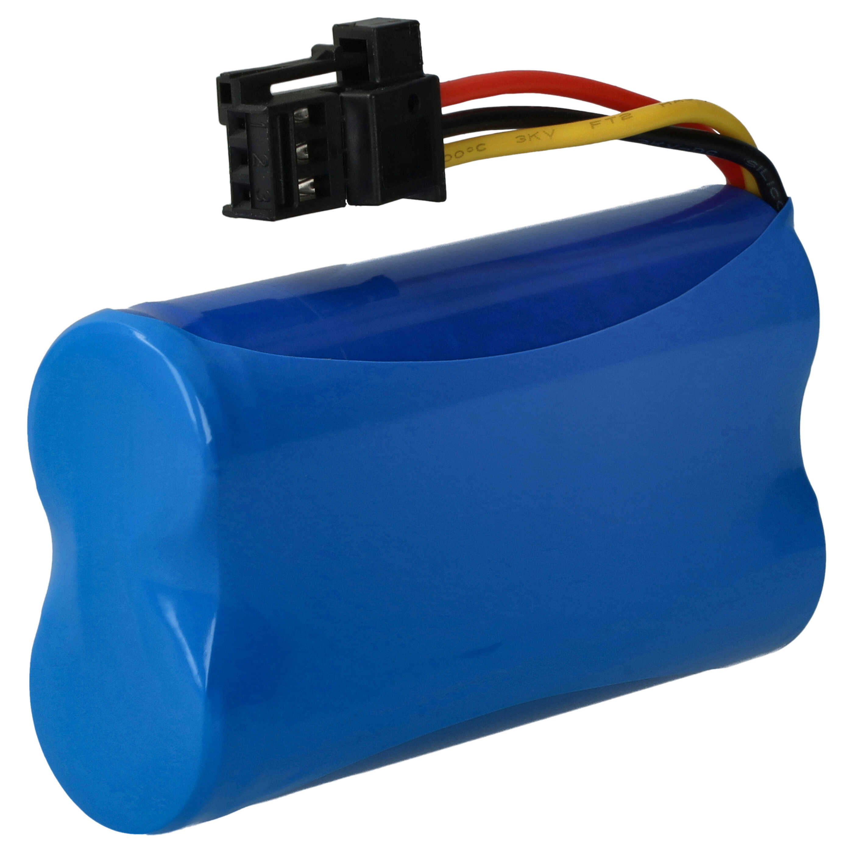 Eine blaue zylindrische Batterie mit einem schwarzen Stecker und Drähten, die sich von oben erstrecken.