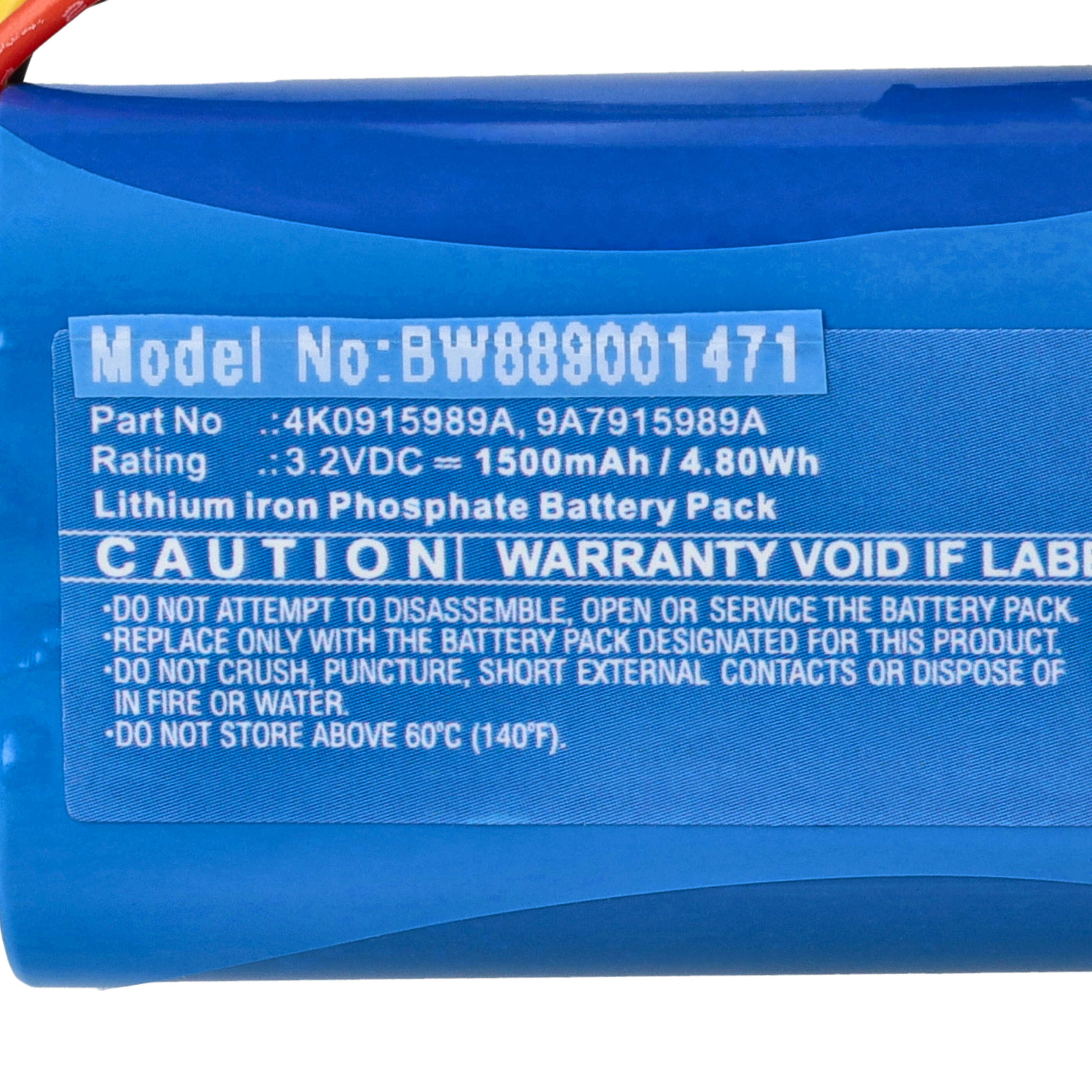 Blaues Batteriepack-Etikett mit Text: Modell, Teilenummer, Bewertung und Warnhinweise.