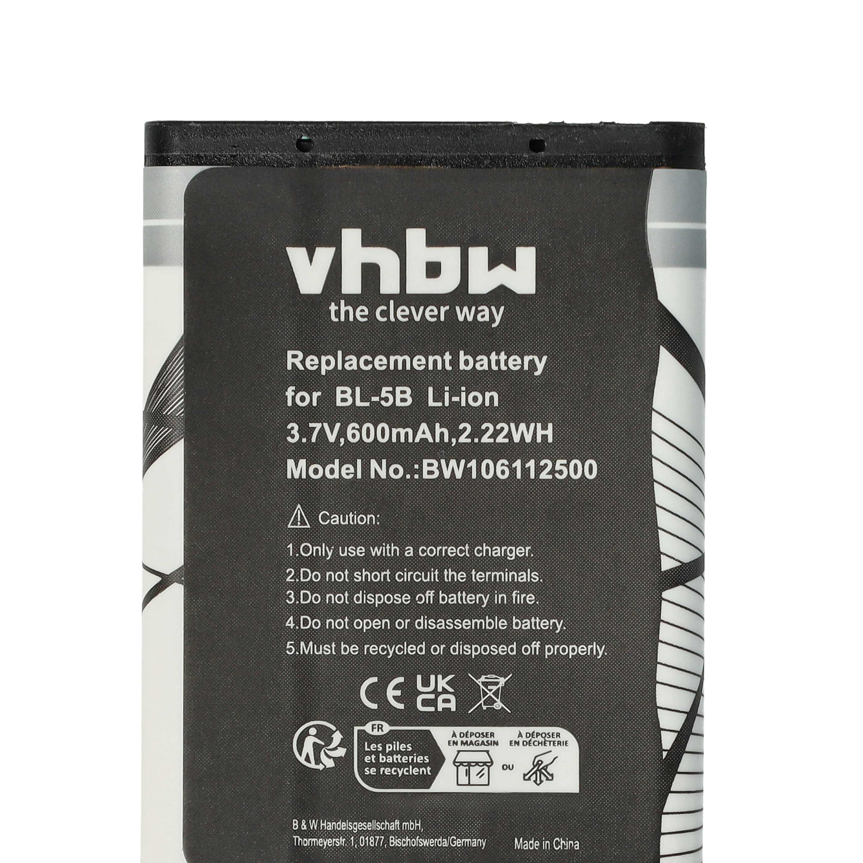 Schwarzer Akku mit Text und Symbolen. Vhbw, Ersatzakku für BL-5B und Vorsichtshinweis.
