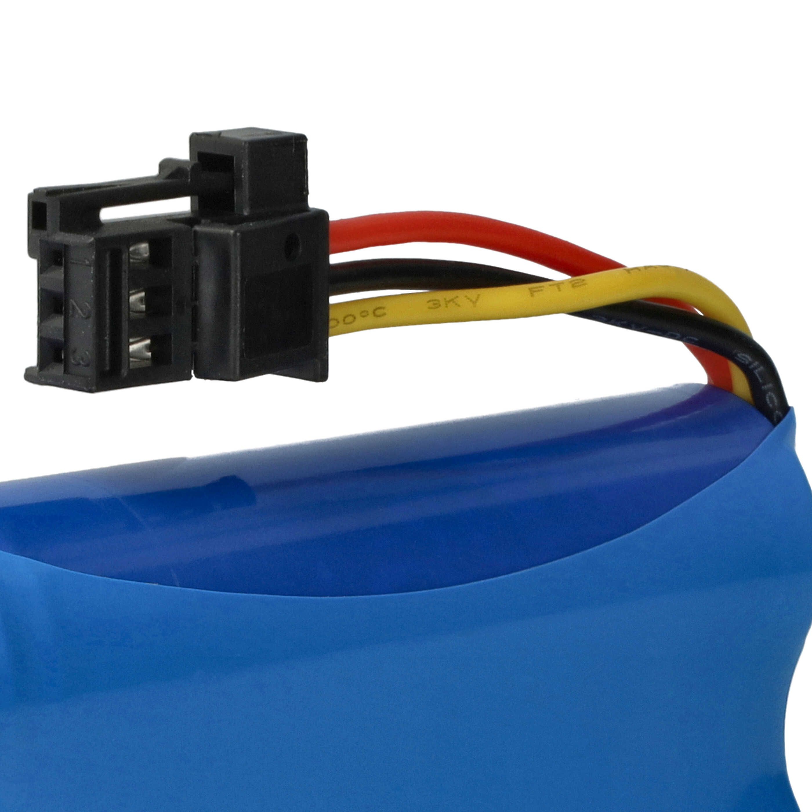 Nahaufnahme einer blauen Batterie mit einem schwarzen Anschluss und drei farbigen Drähten.