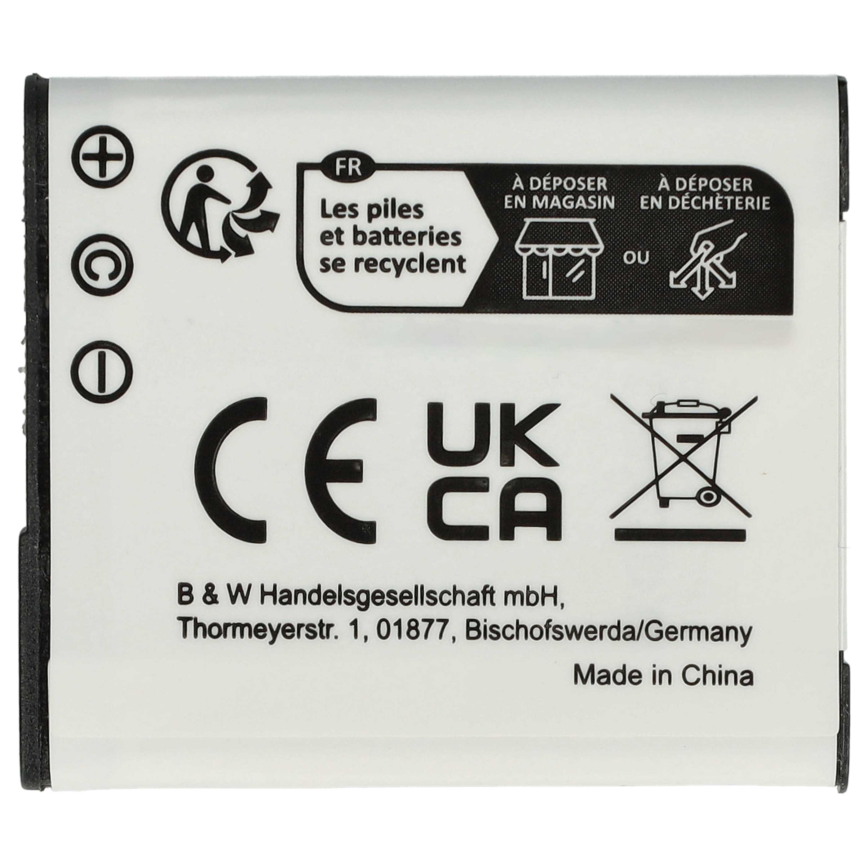 Weißes Batterielabel mit Symbolen und Text in Englisch und Französisch. 'Made in China'.