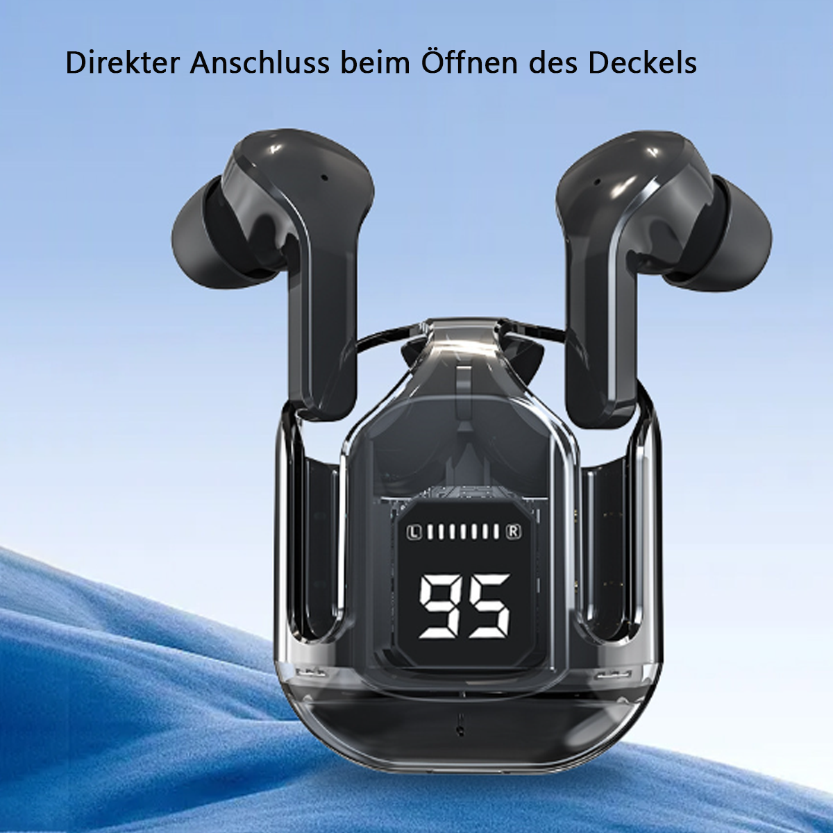 Transparente Hülle mit schwarzen Ohrhörern, Digitalanzeige zeigt 95.