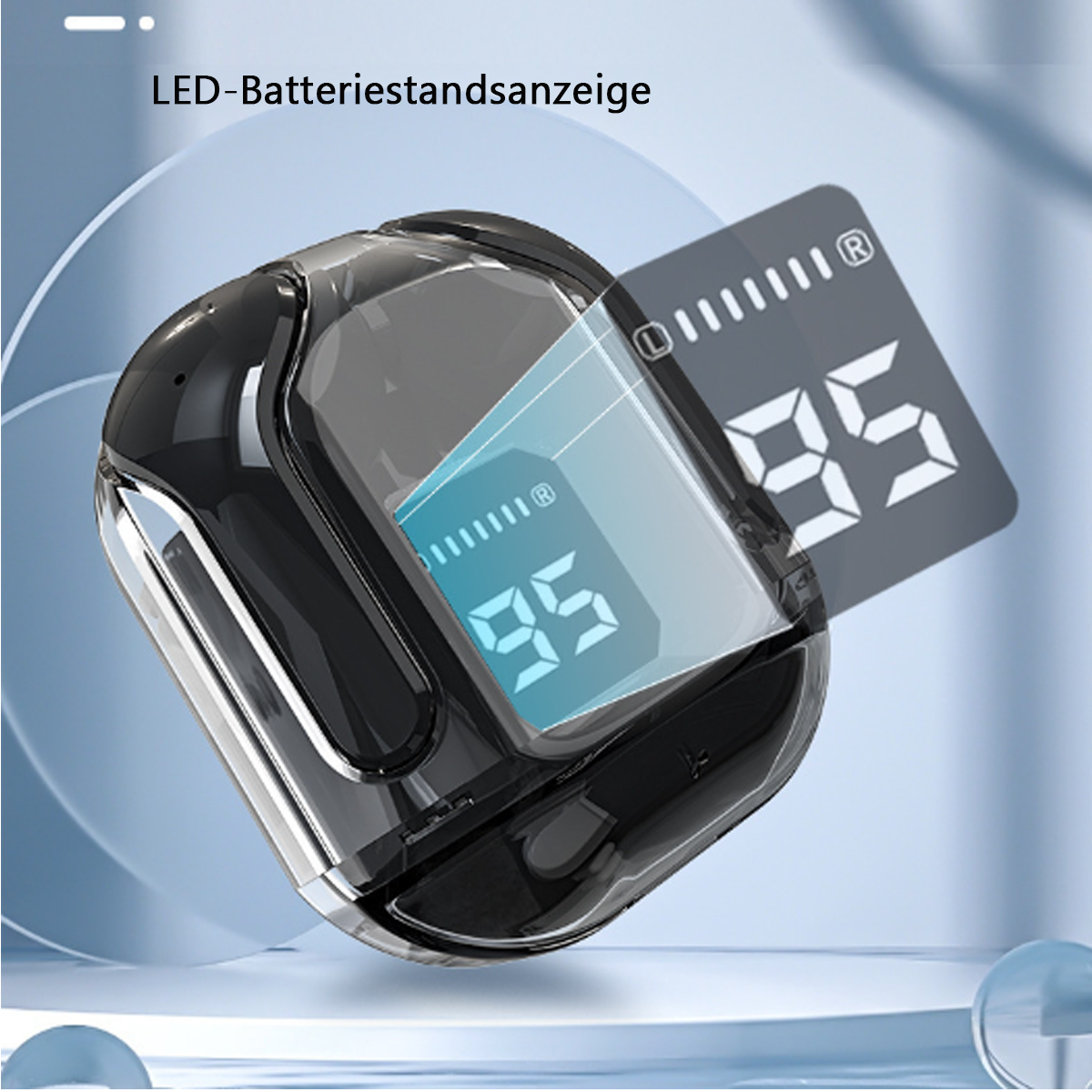 Schwarzes und klares Gerät mit digitaler Anzeige, zeigt 95. Text lautet 'LED-Batteriestandanzeige'.