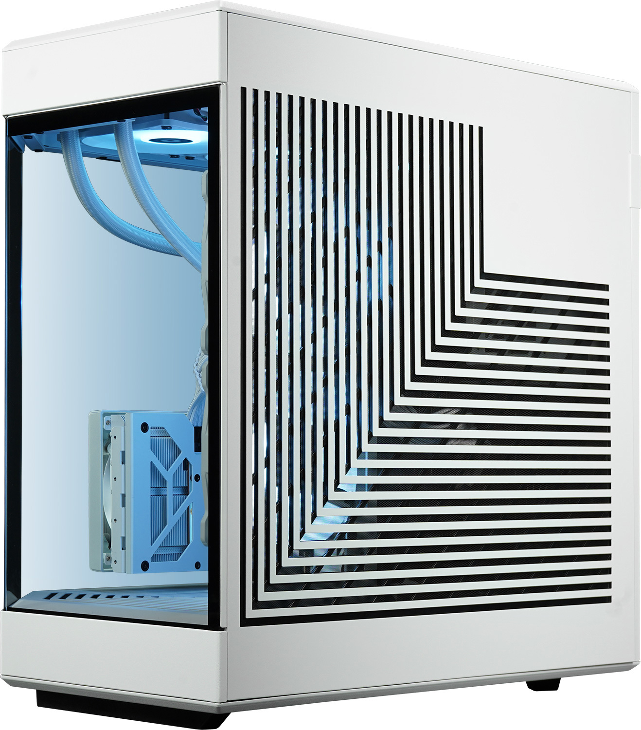 Witte pc-kast met glazen zijpaneel, koelsysteem zichtbaar. Zwart-wit grafisch ontwerp.
