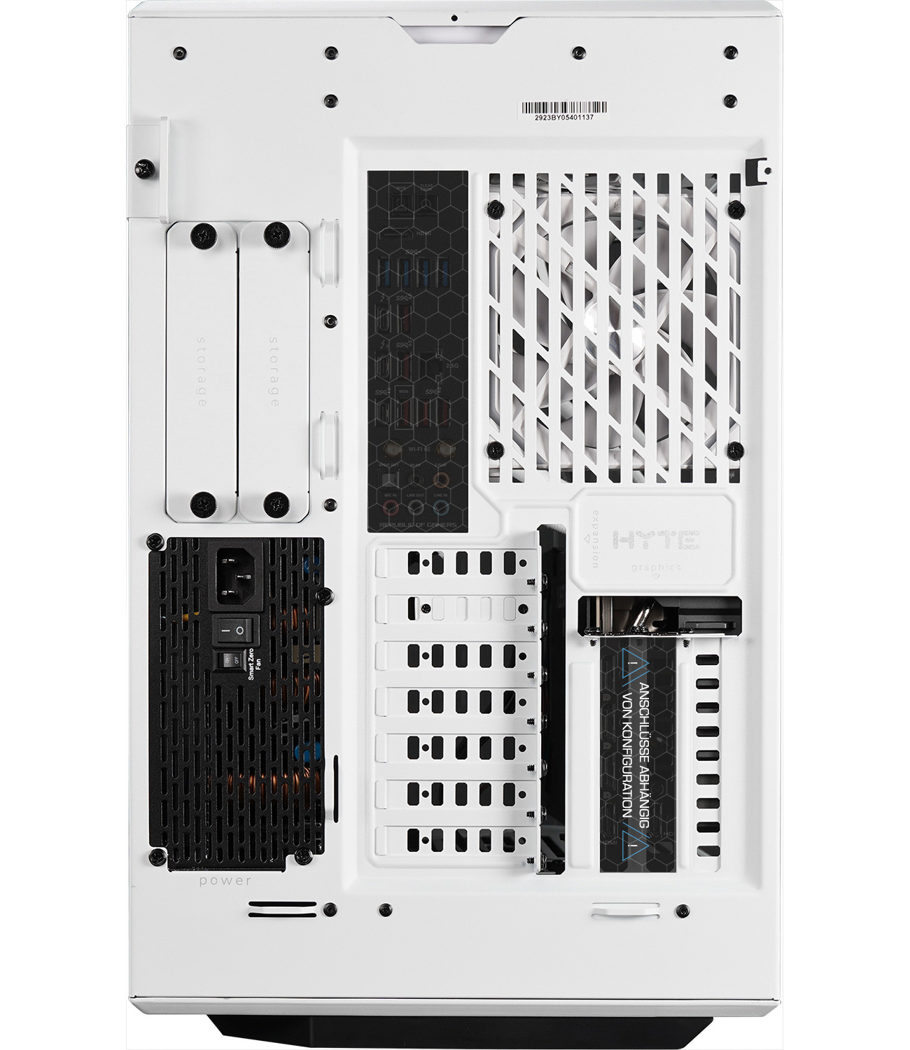 Witte computerkast met zwarte accenten. Het achterpaneel is zichtbaar met verschillende poorten.