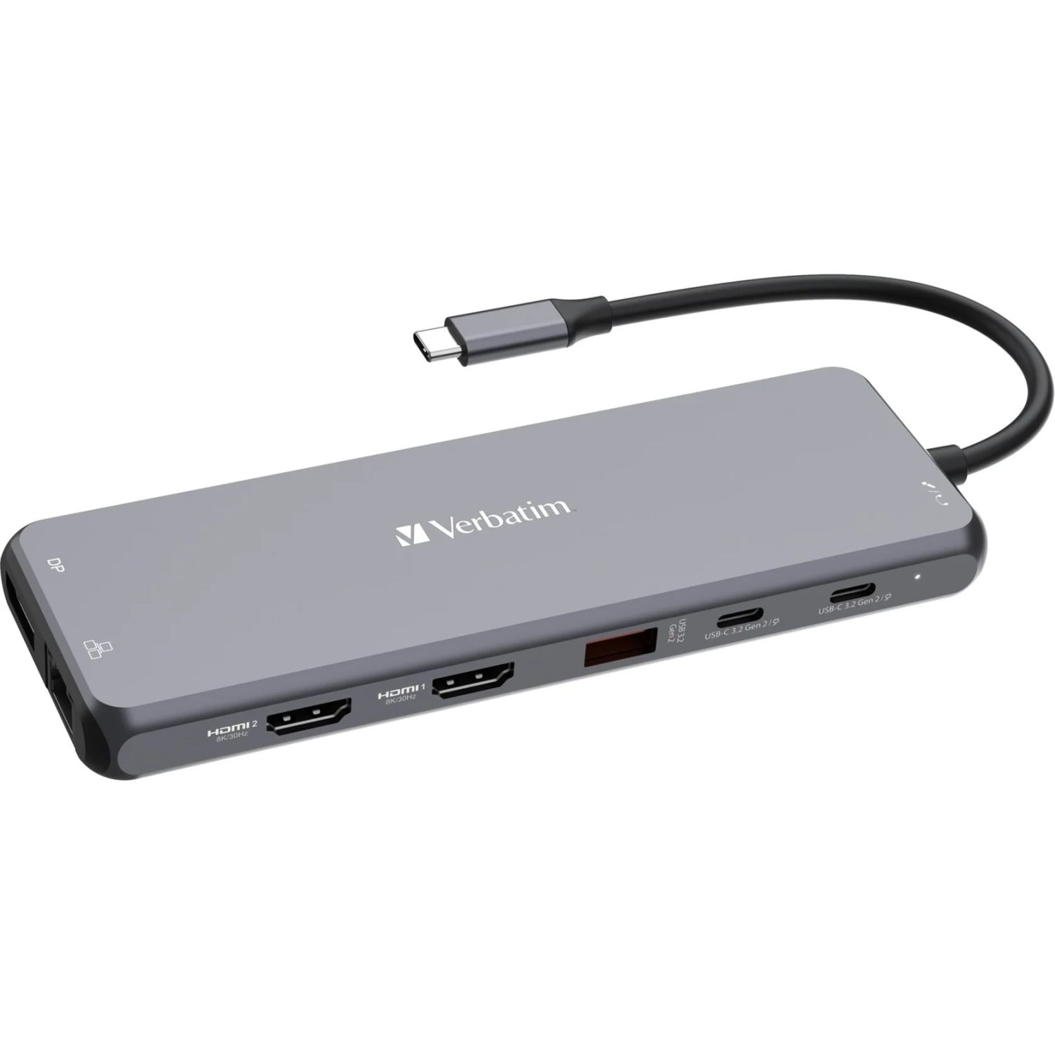 Grauer Verbatim USB-C-Hub. Er hat mehrere Anschlüsse, darunter HDMI und USB.