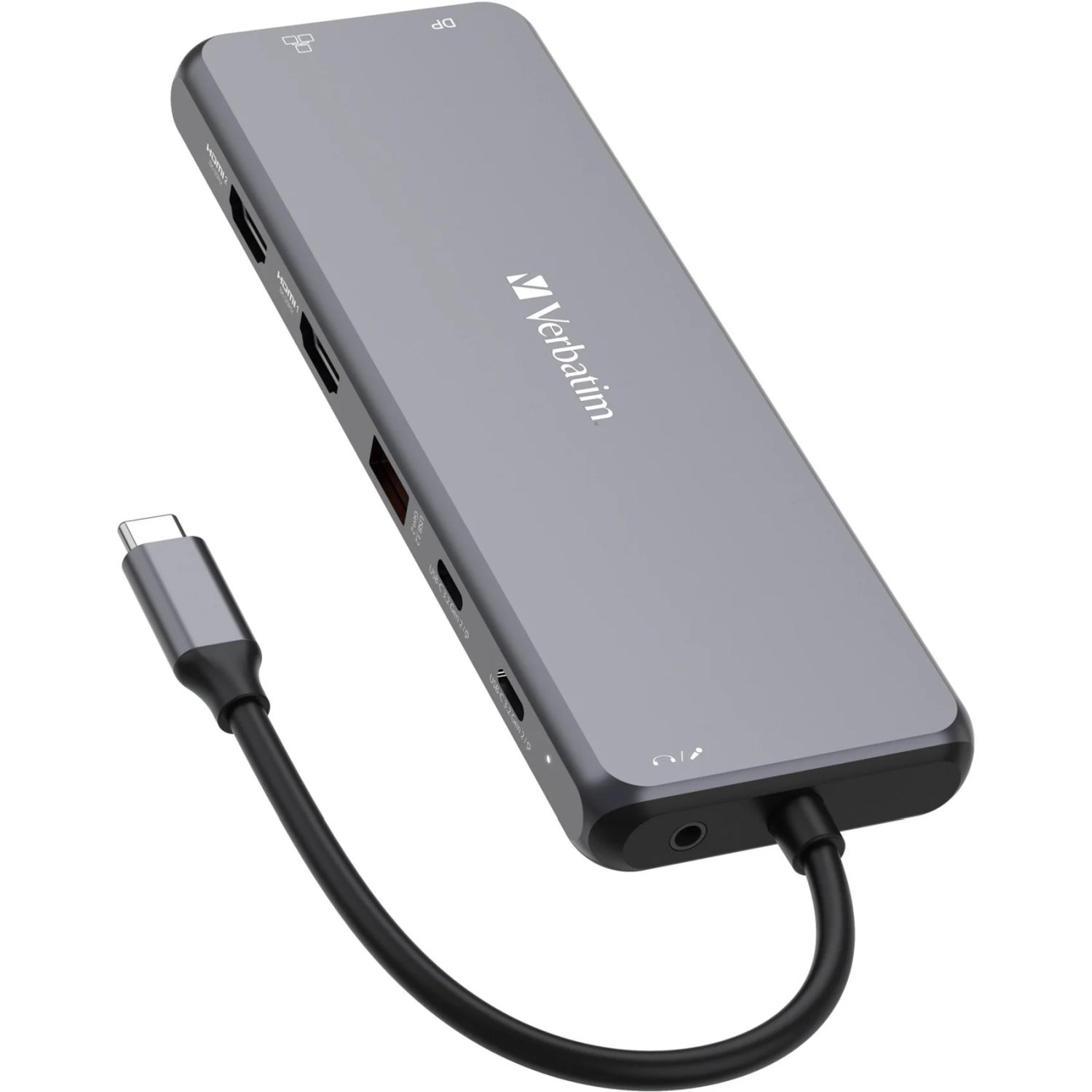 Ein grauer Verbatim USB-C Hub mit mehreren Anschlüssen und Kabel.