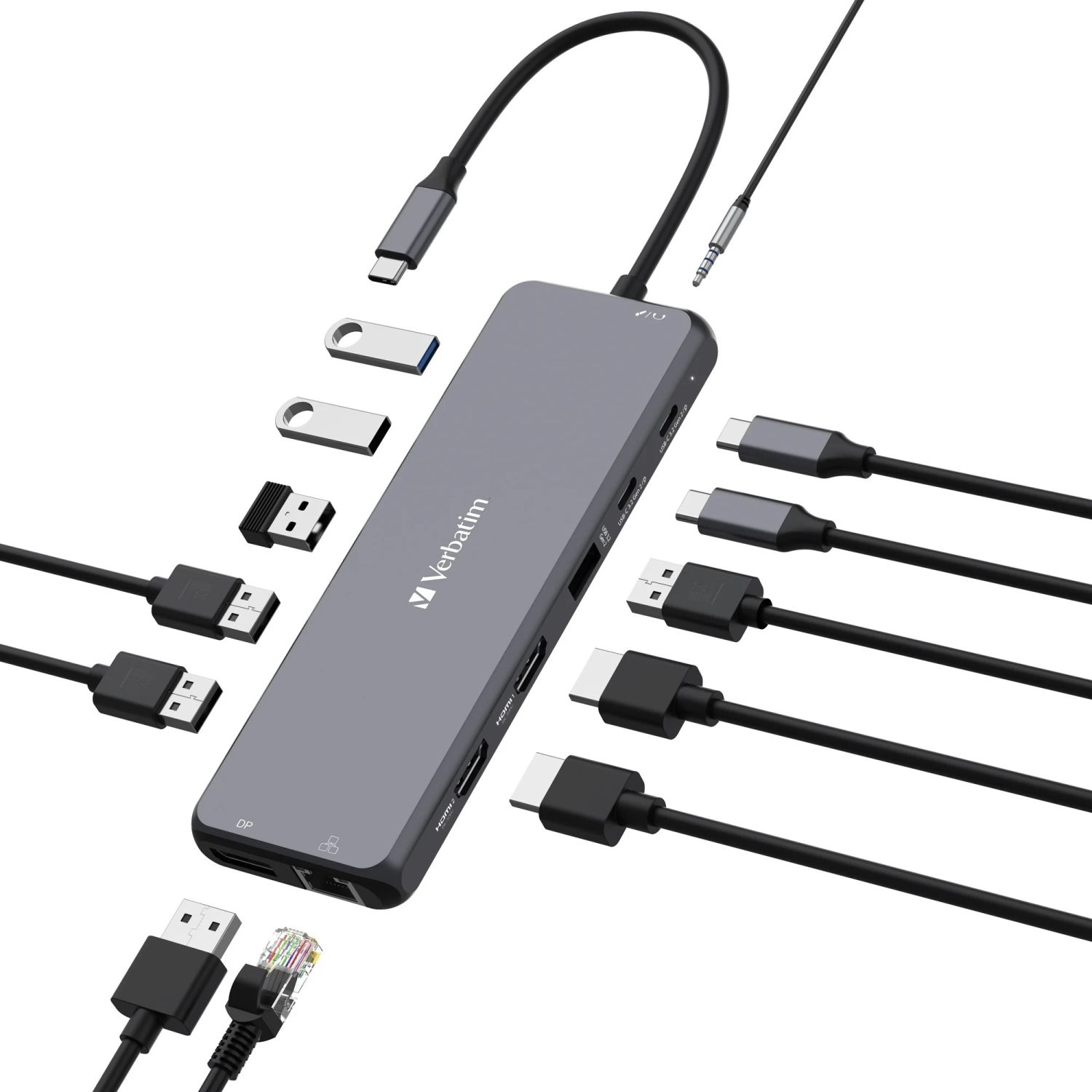 Ein grauer Verbatim USB-Hub mit mehreren USB-Anschlüssen und verschiedenen angeschlossenen Kabeln, darunter USB, HDMI und Ethernet.