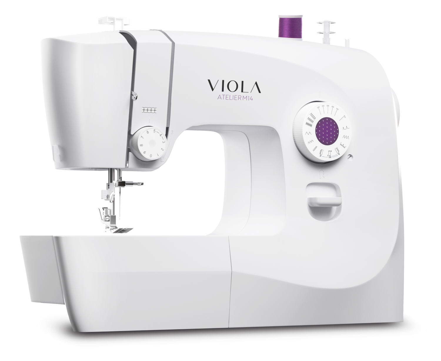 Weiße Nähmaschine mit violetten Akzenten und 'VIOLA'-Branding. Mit Wahlschalter und Nadel.