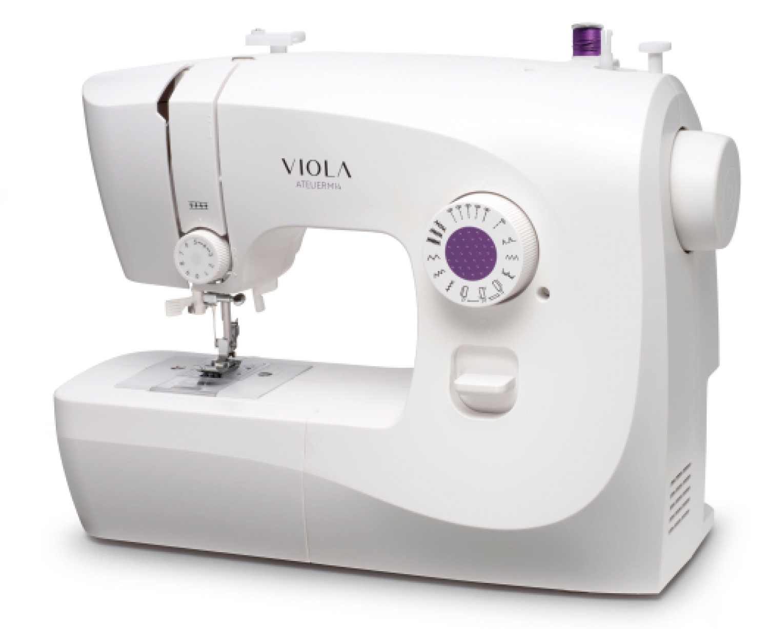 Weiße Nähmaschine mit lila Akzenten, betitelt 'Viola Atelierma'.