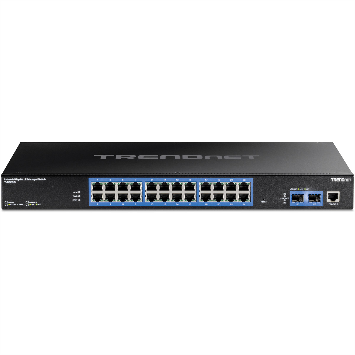 Schwarzer TRENDnet-Netzwerk-Switch. Mehrere Ports und Anzeigen sind sichtbar. Der Markenname steht oben.