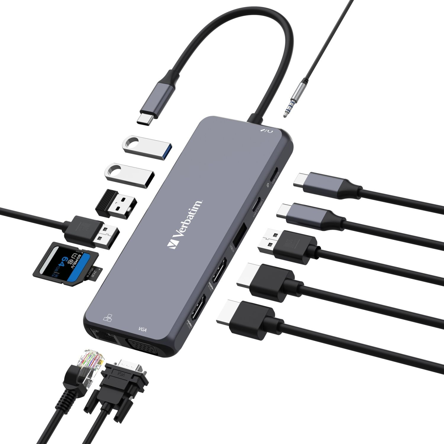 Hub USB Verbatim grigio con più porte e cavi collegati.