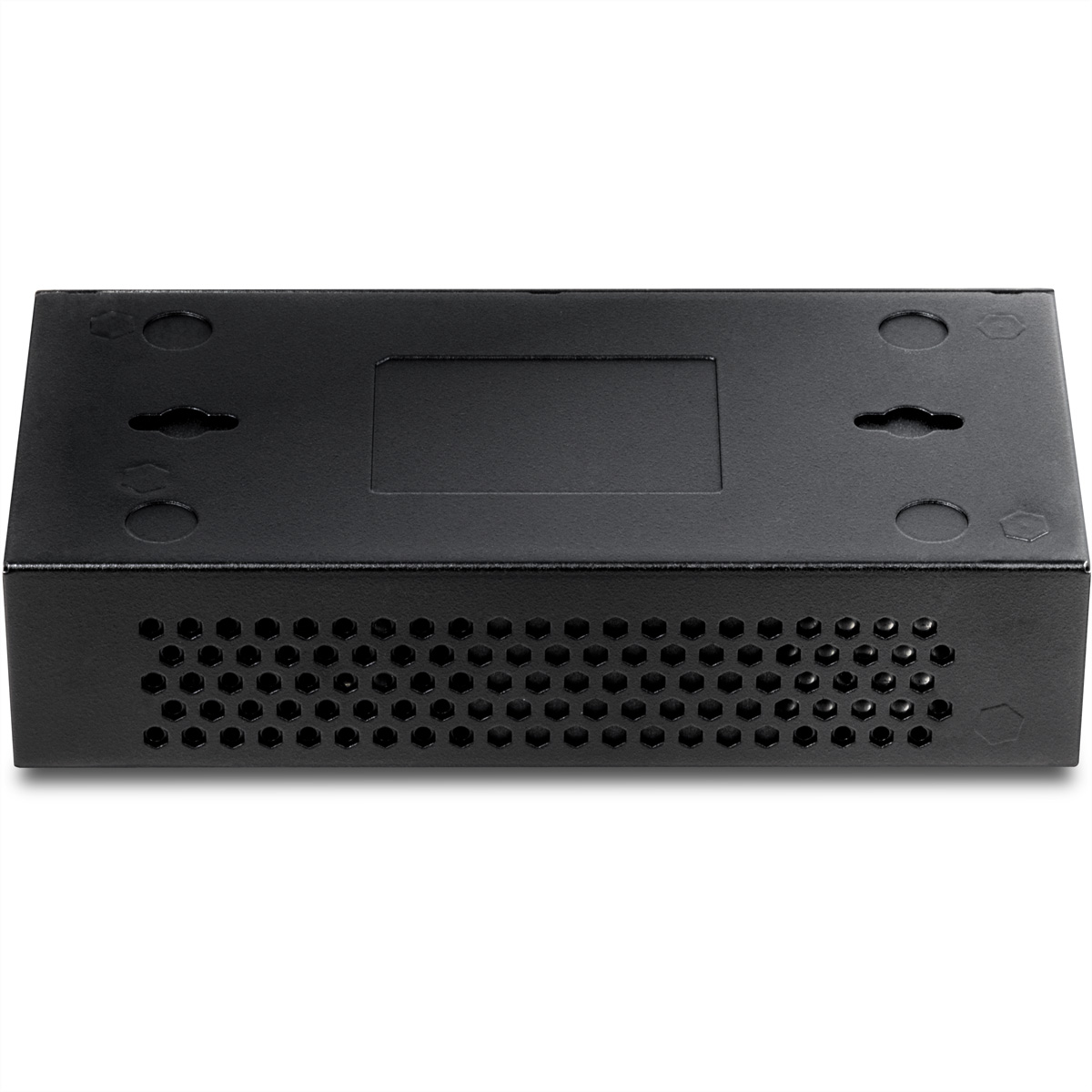 Boîte noire avec trous de ventilation. Elle comporte de multiples petits trous et une ouverture rectangulaire.