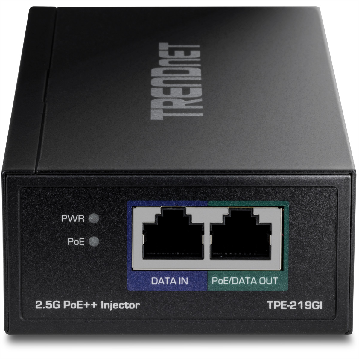 Injecteur PoE++ Trendnet noir avec ports d'entrée de données et de sortie PoE/données.