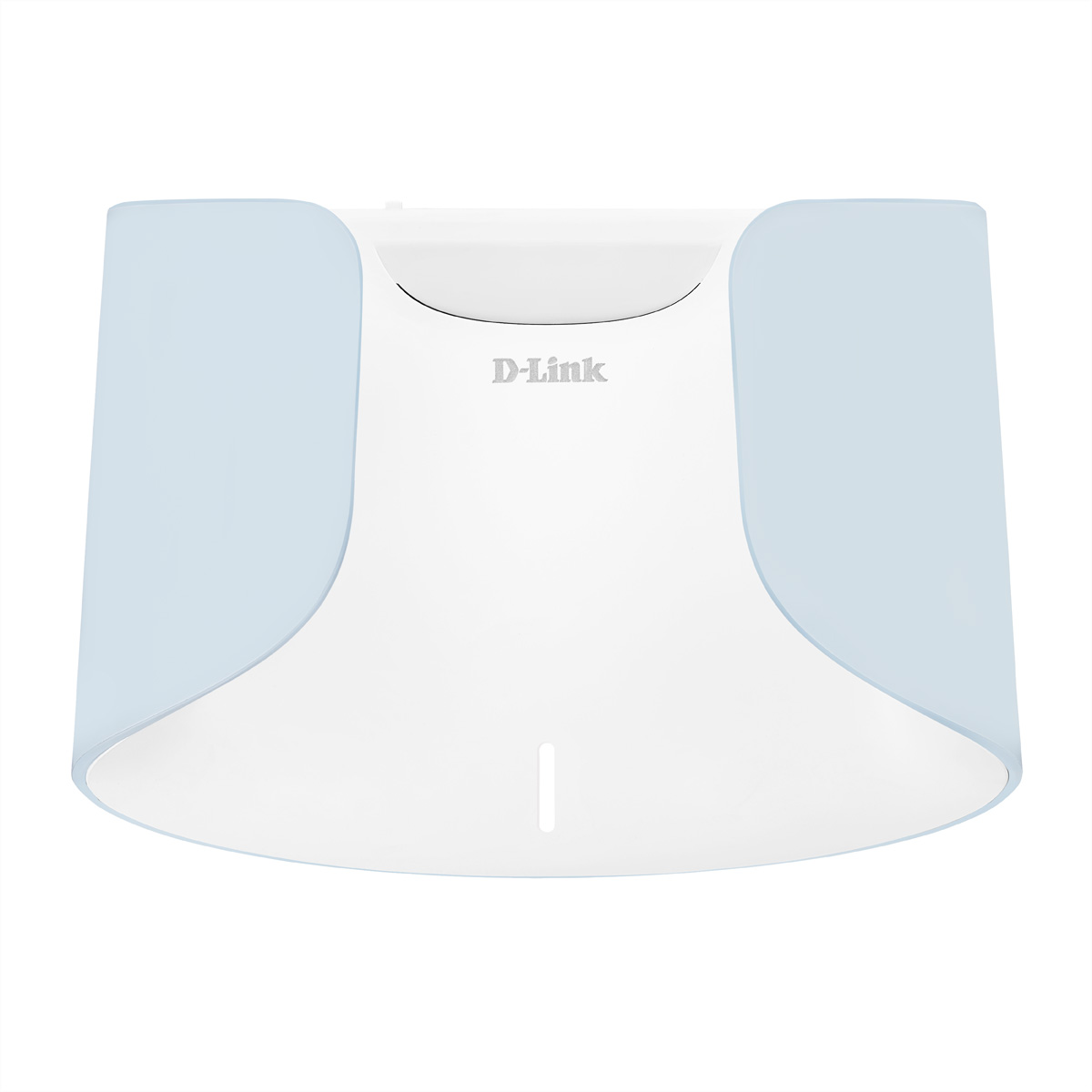 Weißes und blaues D-Link-Gerät mit geschwungenem Design.