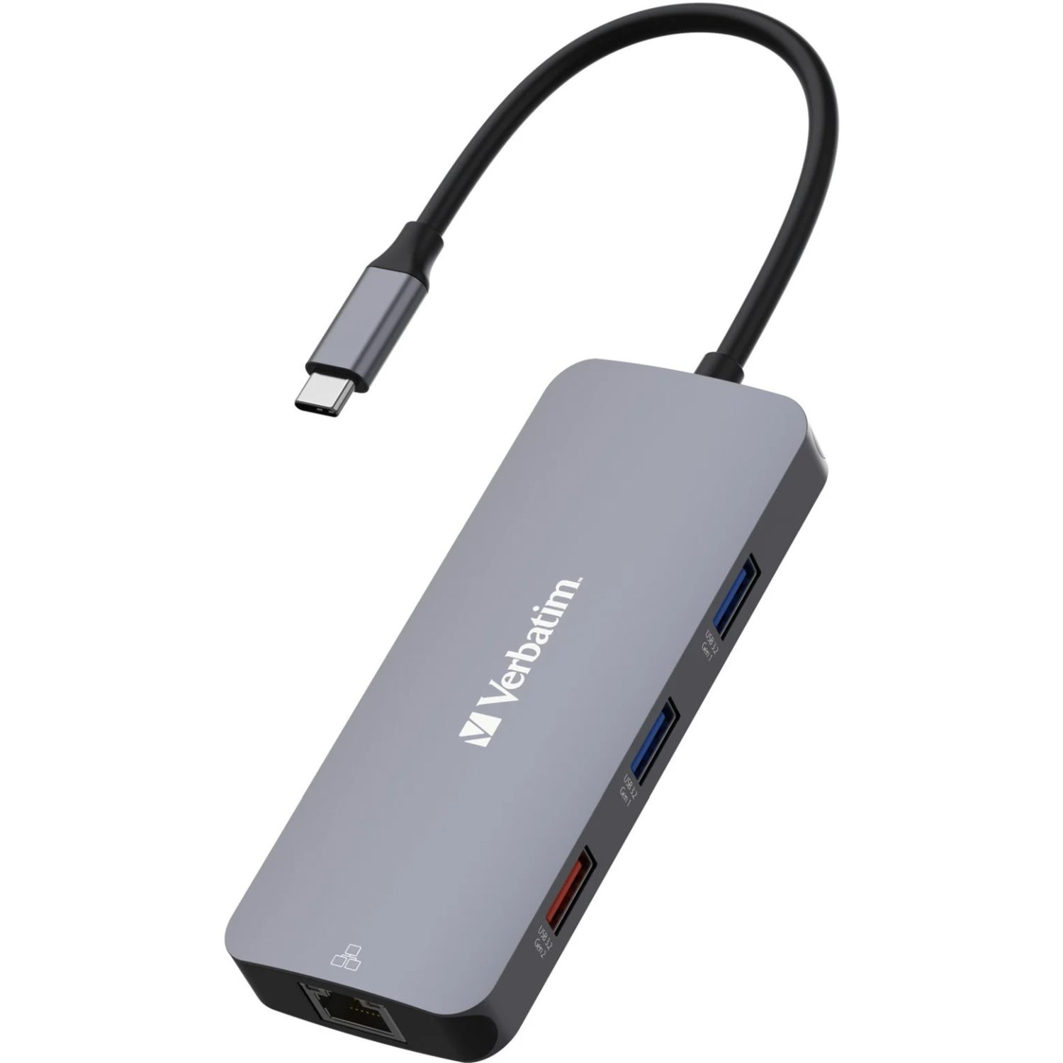 Hub USB-C grigio con più porte e cavo nero. Sfondo bianco.