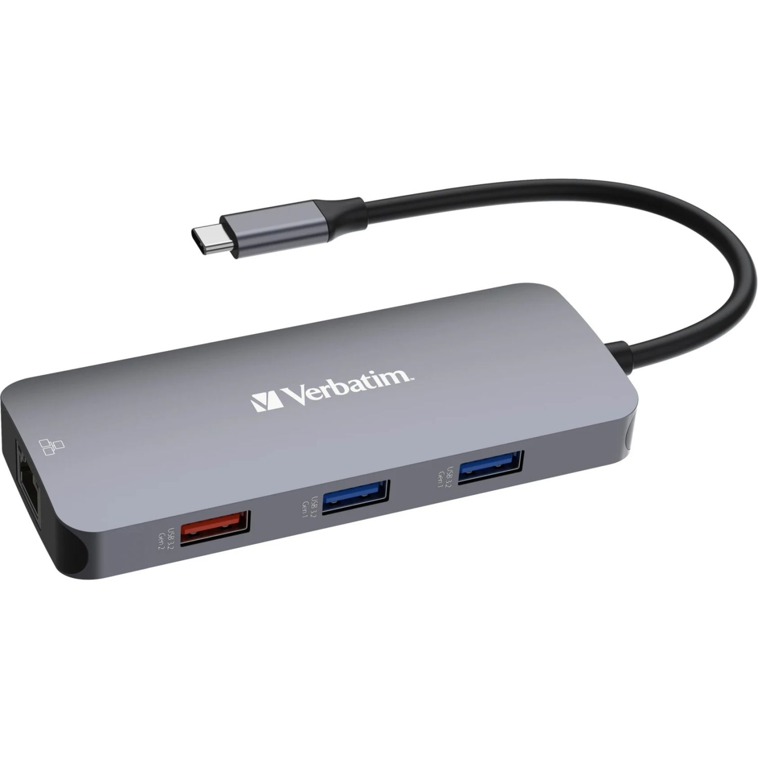 Hub USB grigio con connettore USB-C. Diverse porte USB. Cavo nero collegato.