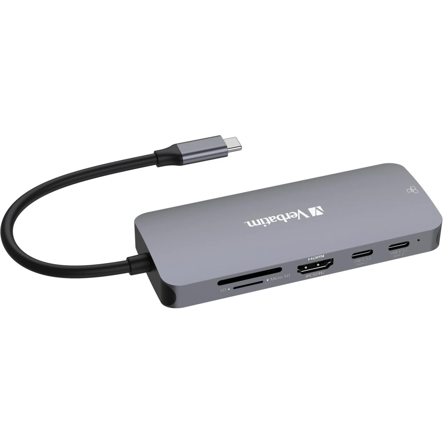 Hub USB-C grigio con più porte, un cavo e il logo Verbatim.
