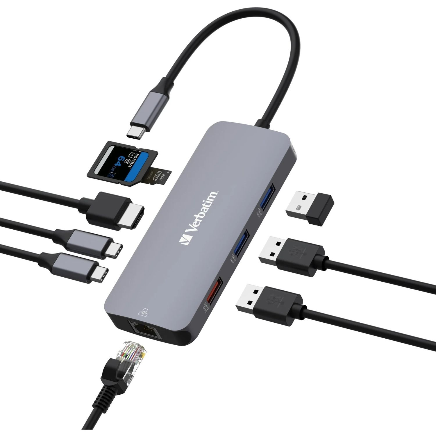 Hub USB-C grigio con più porte e cavi, tra cui USB, HDMI ed ethernet, con scheda SD.