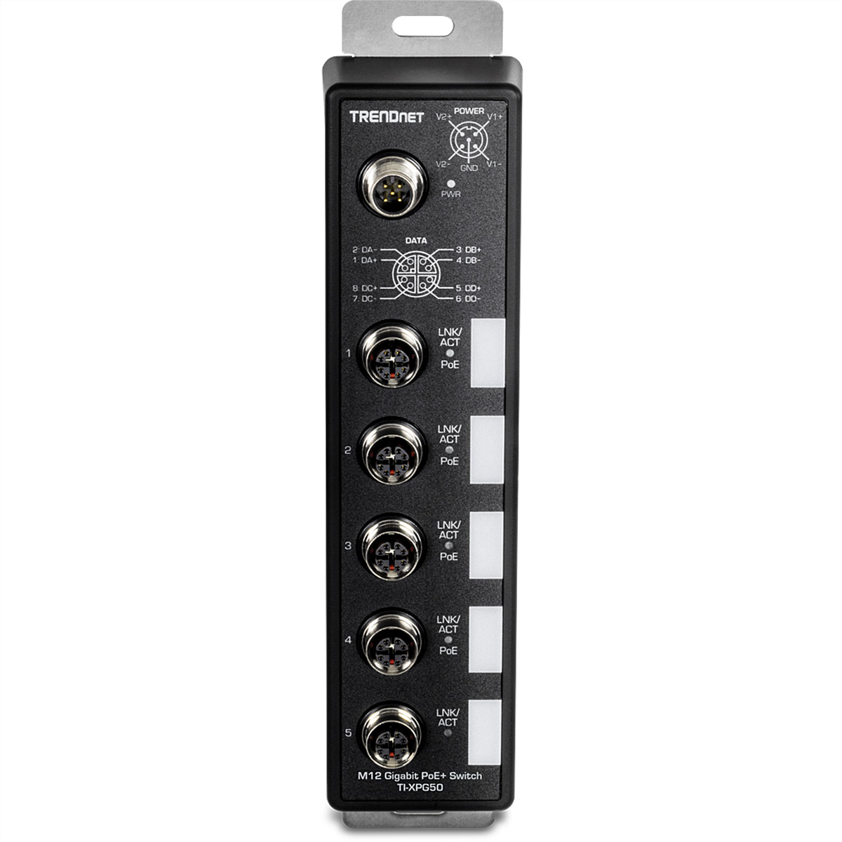Schwarzer TRENDnet Gigabit PoE-Switch mit mehreren Anschlüssen und Steckern.
