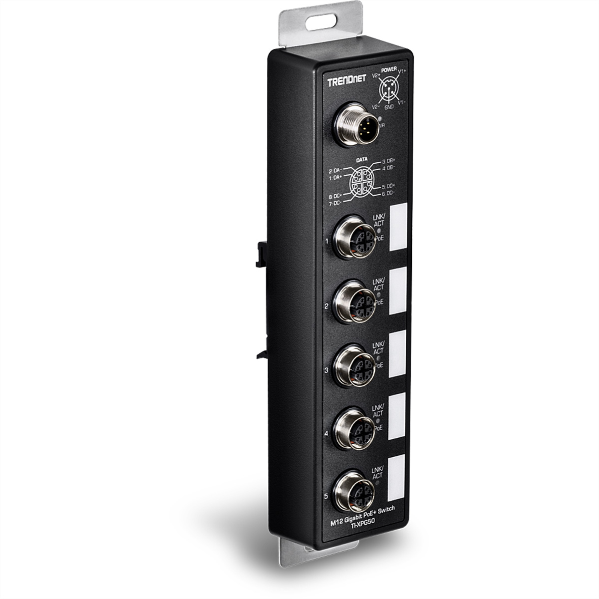 Schwarzer TRENDnet M12 Gigabit PoE-Switch mit mehreren Anschlüssen.