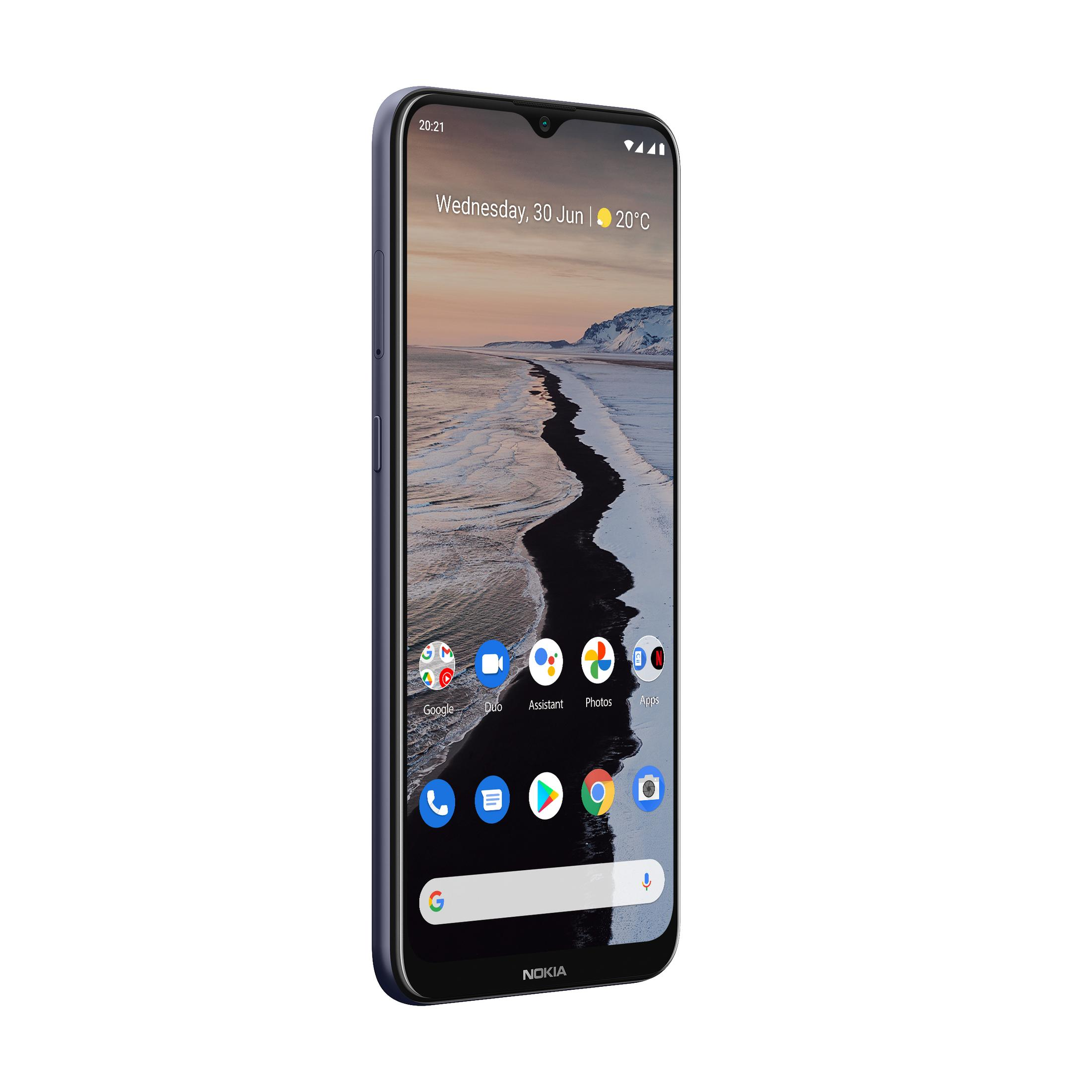 Dunkelblaues Nokia-Smartphone, das einen Landschaftsbildschirm zeigt. Weißer Hintergrund.