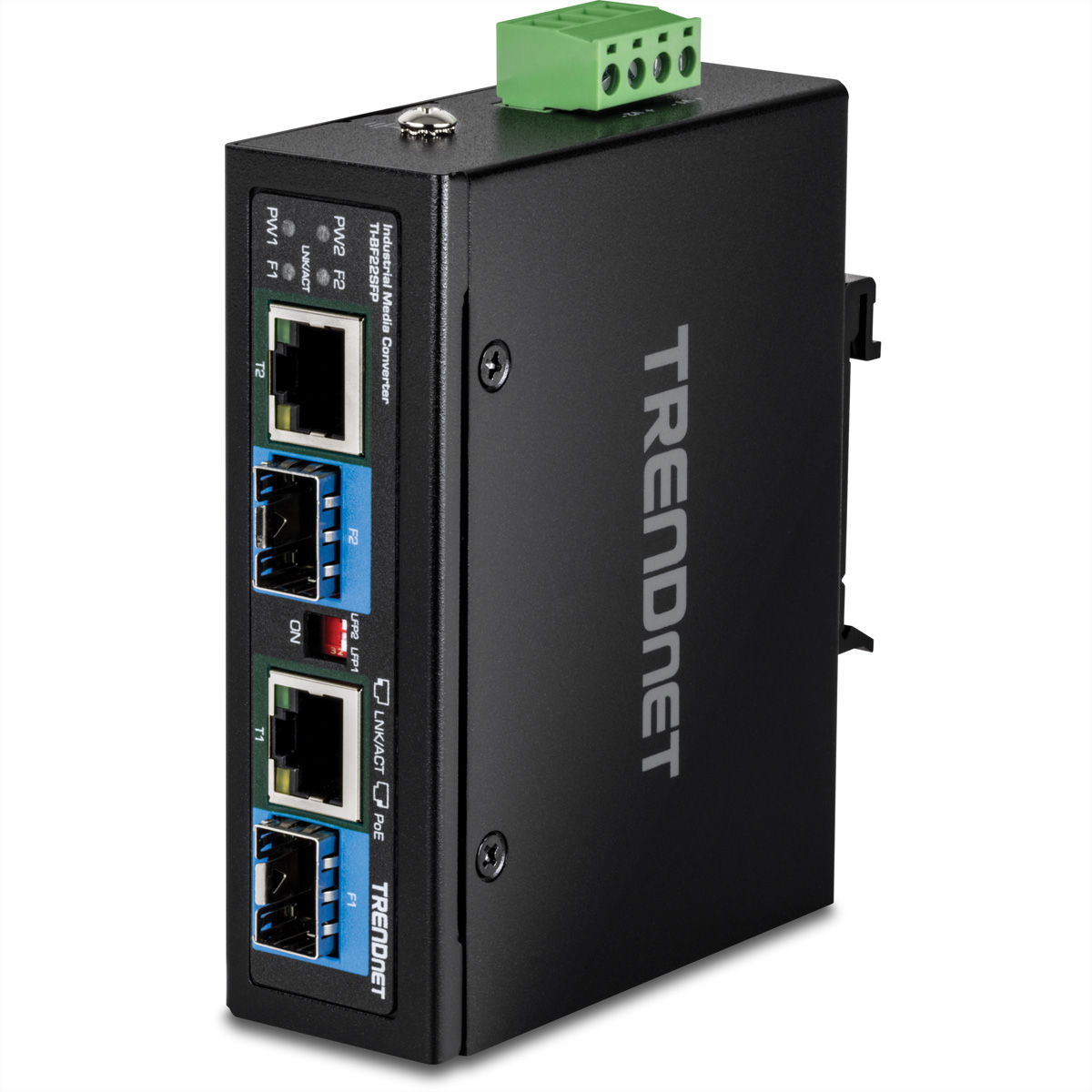 Black TRENDnet industrial media converter with ports and connectors, labeled with text.