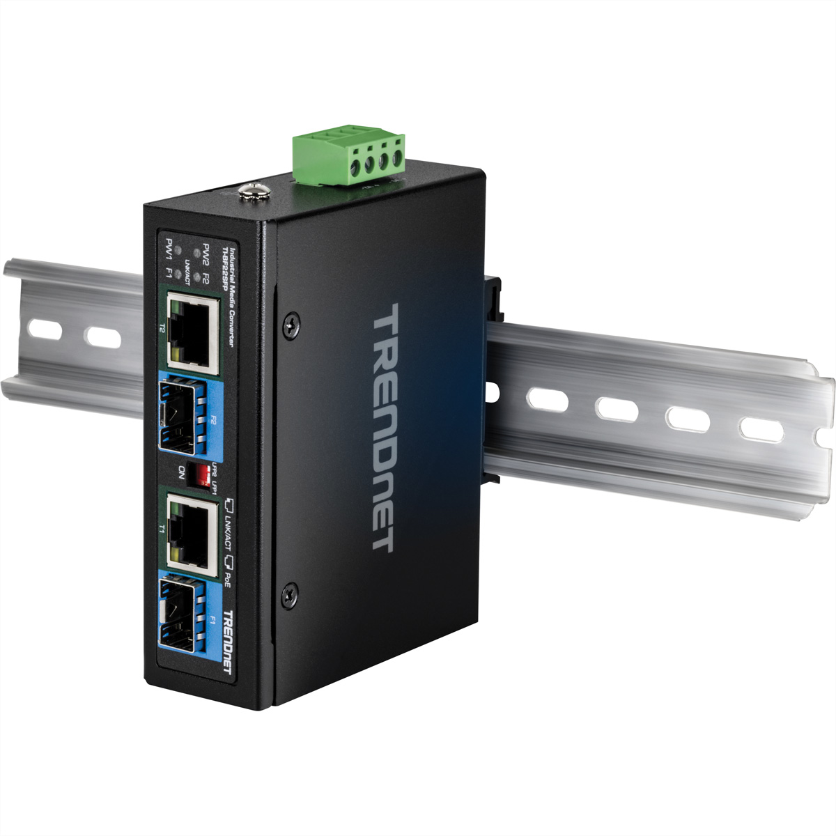 Black TRENDnet industrial media converter with various ports and a green terminal block.