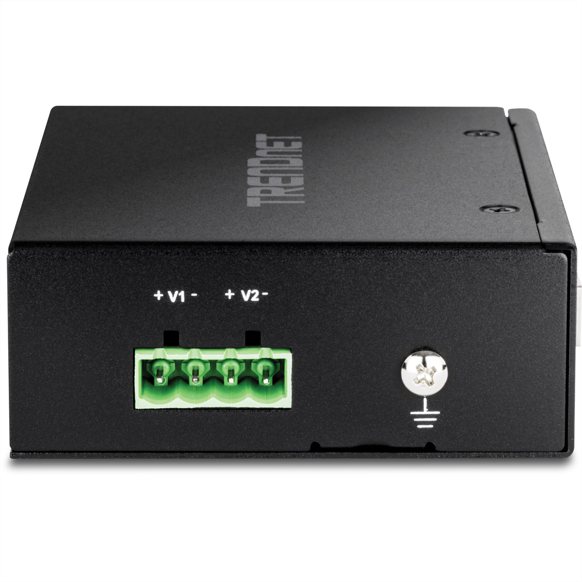 A black TRENDnet device with green connectors.