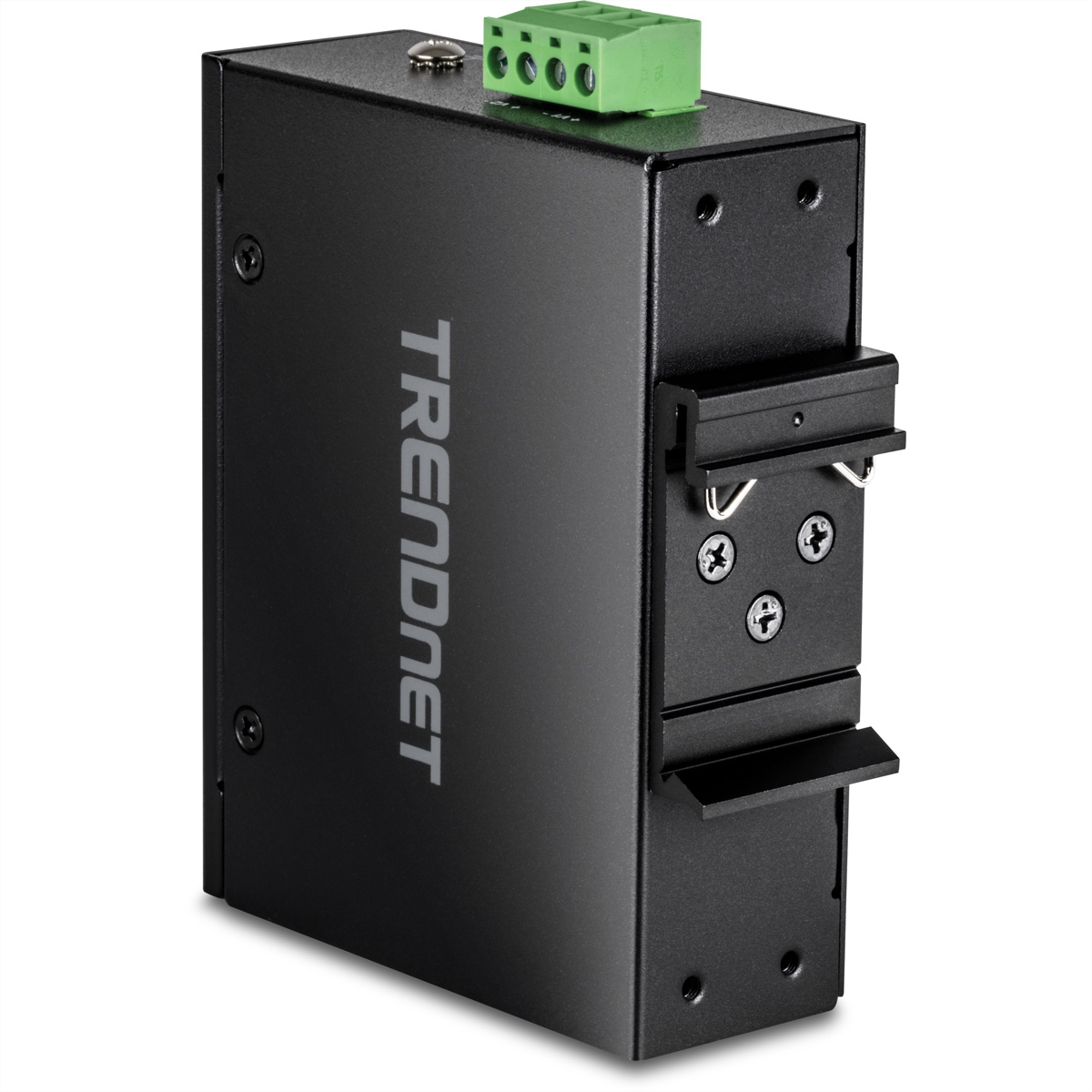 Black Trendnet device with ports and green connector, side view against a white background.