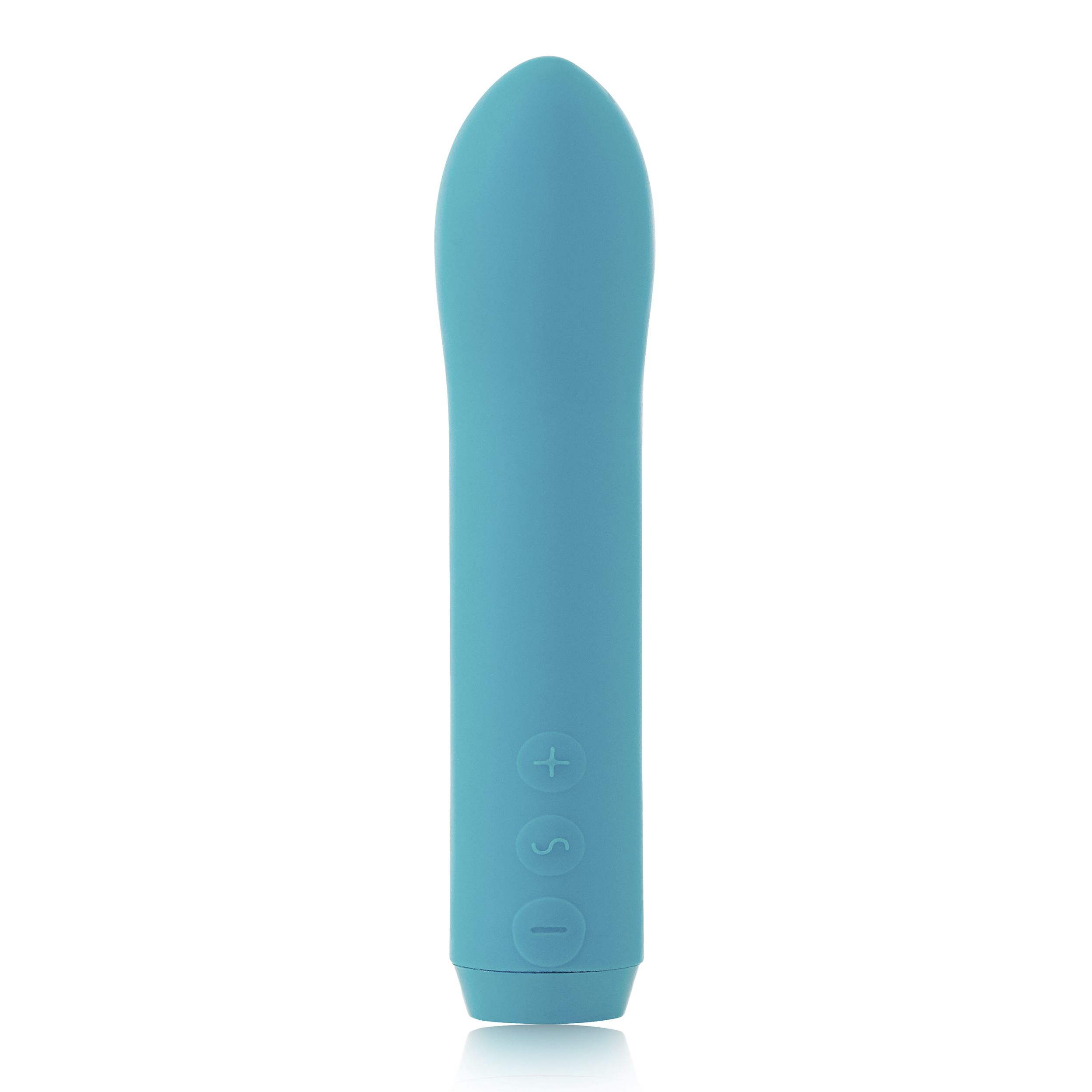 Un vibrador celeste con tres botones. Tiene una forma suave y redondeada y está de pie.