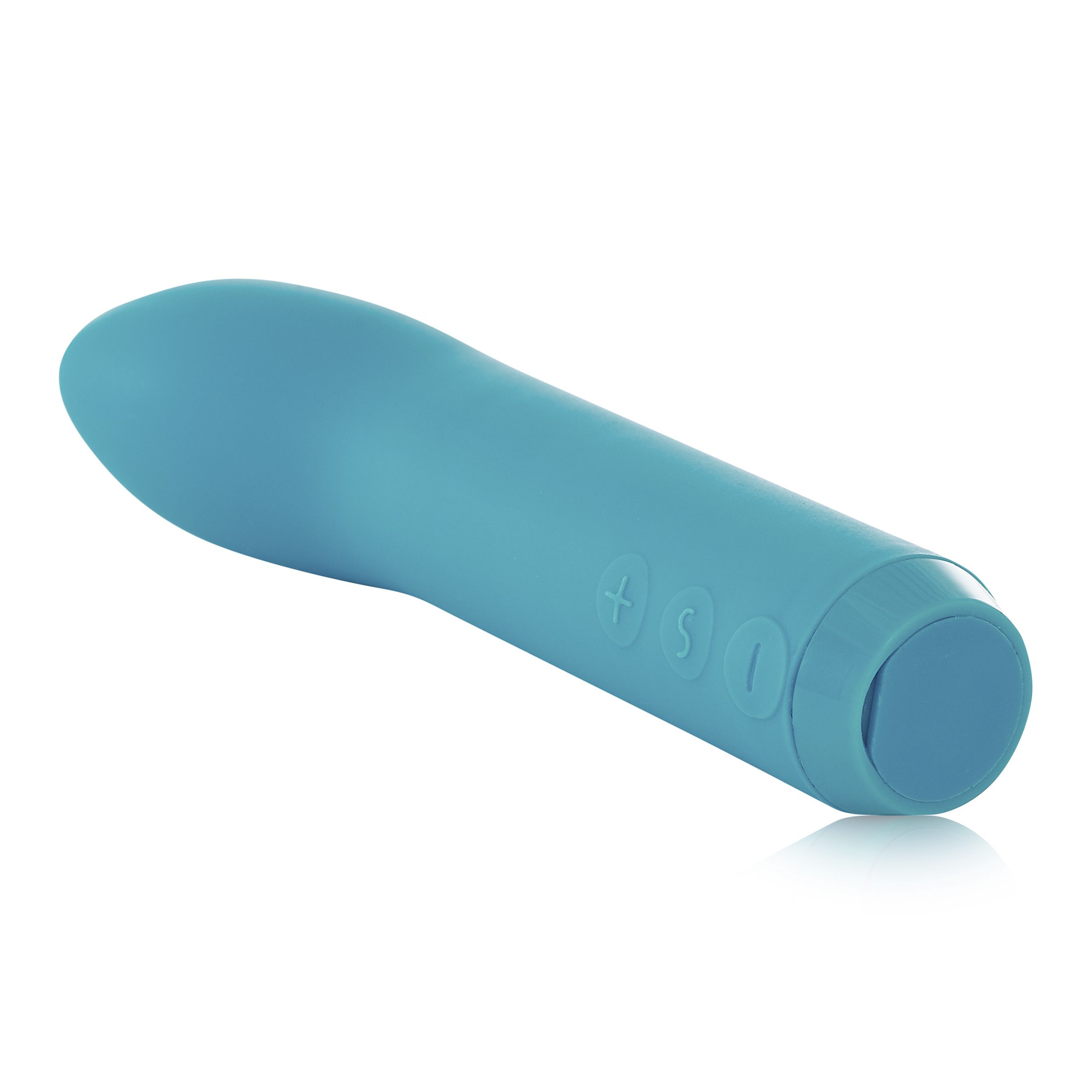 Vibrador azul con botones sobre fondo blanco. Tiene una punta redondeada.