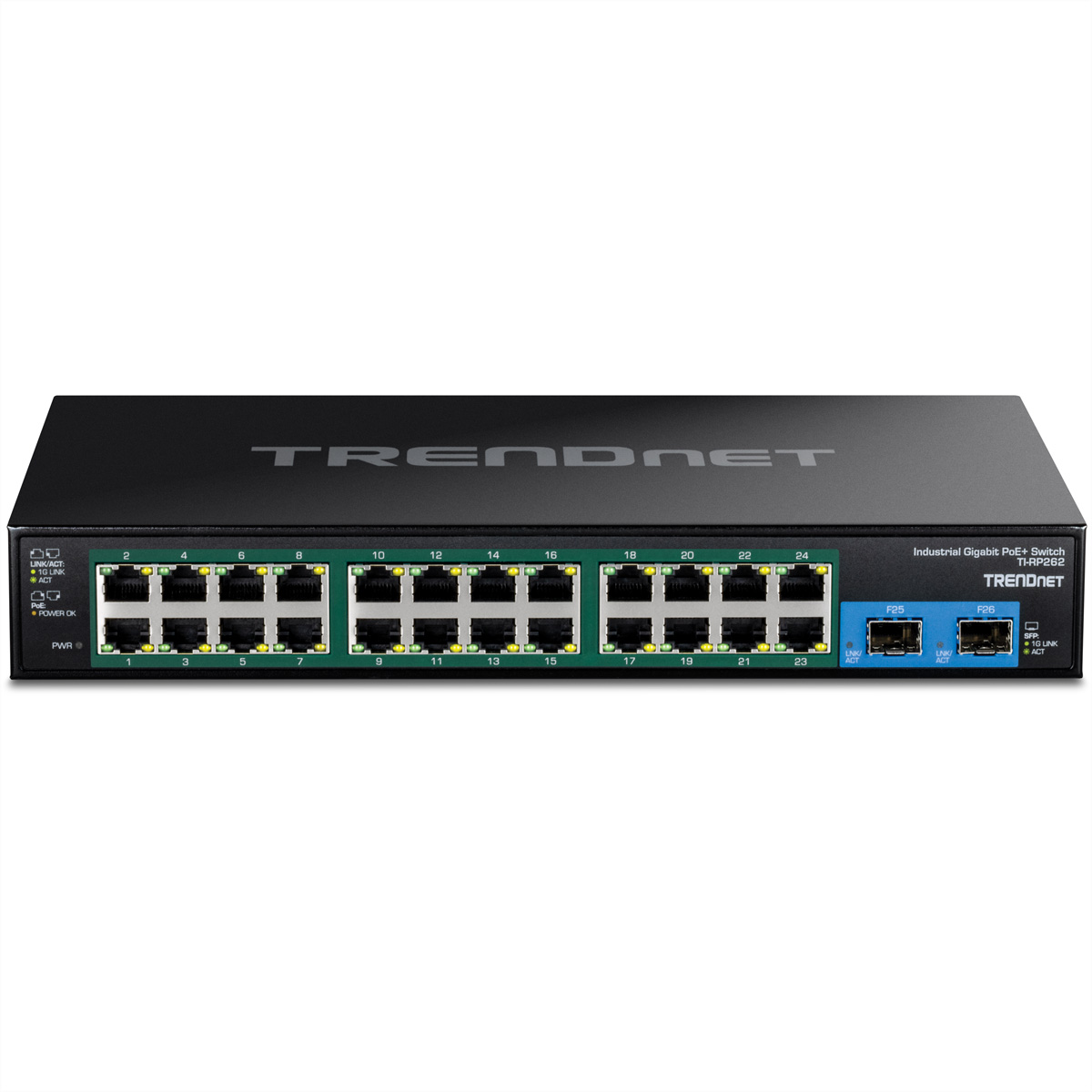 Schwarzer Trendnet-Netzwerk-Switch mit 24 Anschlüssen. Text und Logos sind auf weißem Grund sichtbar.