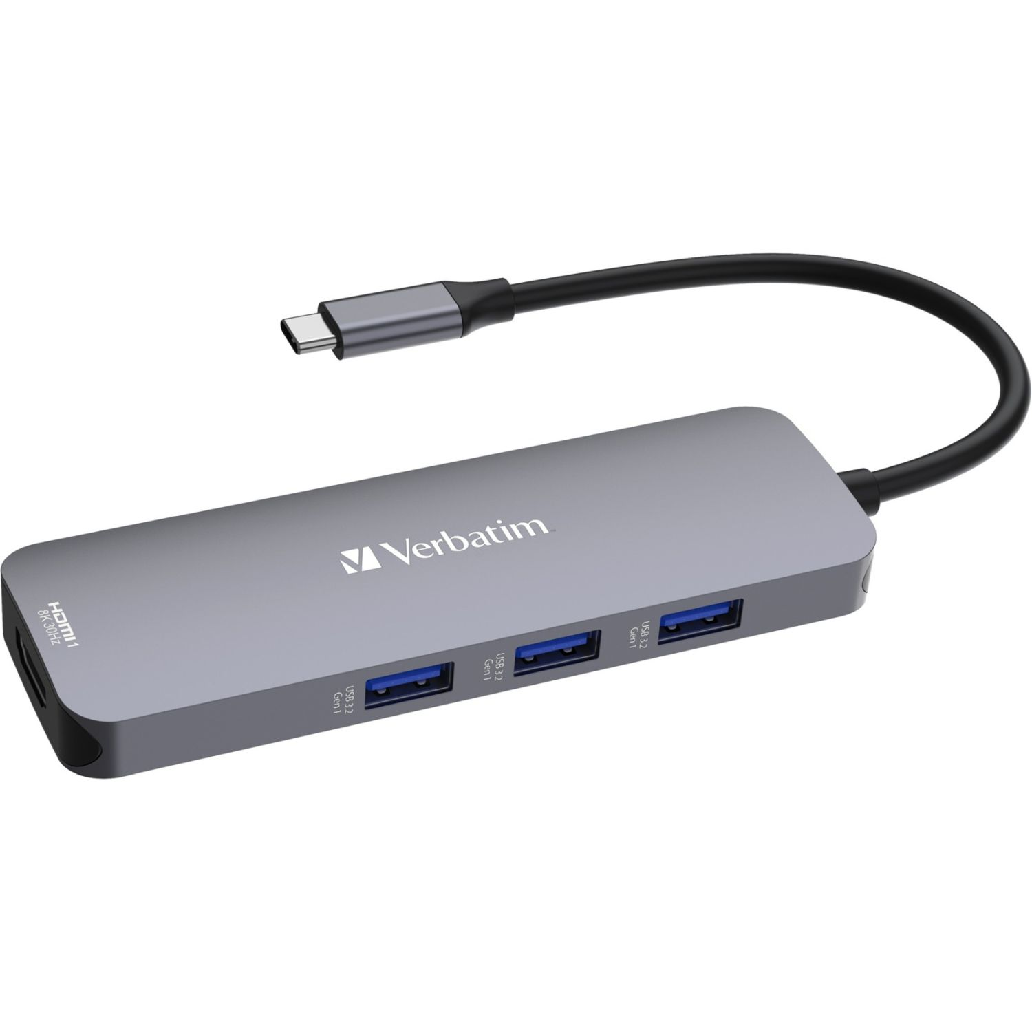 USB ve HDMI bağlantı noktalarına ve siyah bir kabloya sahip gri bir Verbatim USB hub.