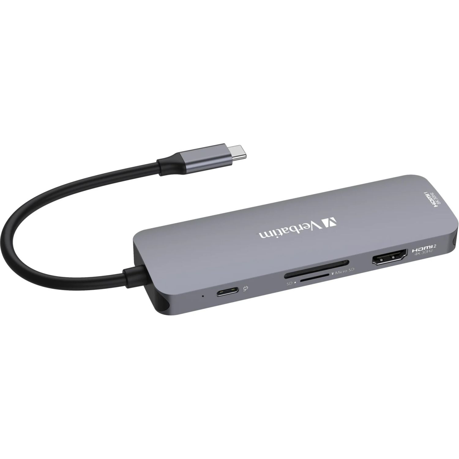 Gri Verbatim USB-C hub, çoklu bağlantı noktaları ve bağlı siyah bir kablo.