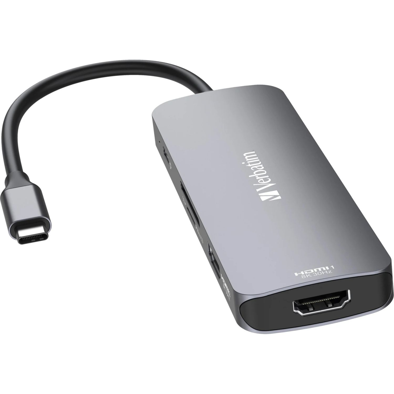 Adattatore HDMI Verbatim grigio con cavo nero e sfondo bianco.