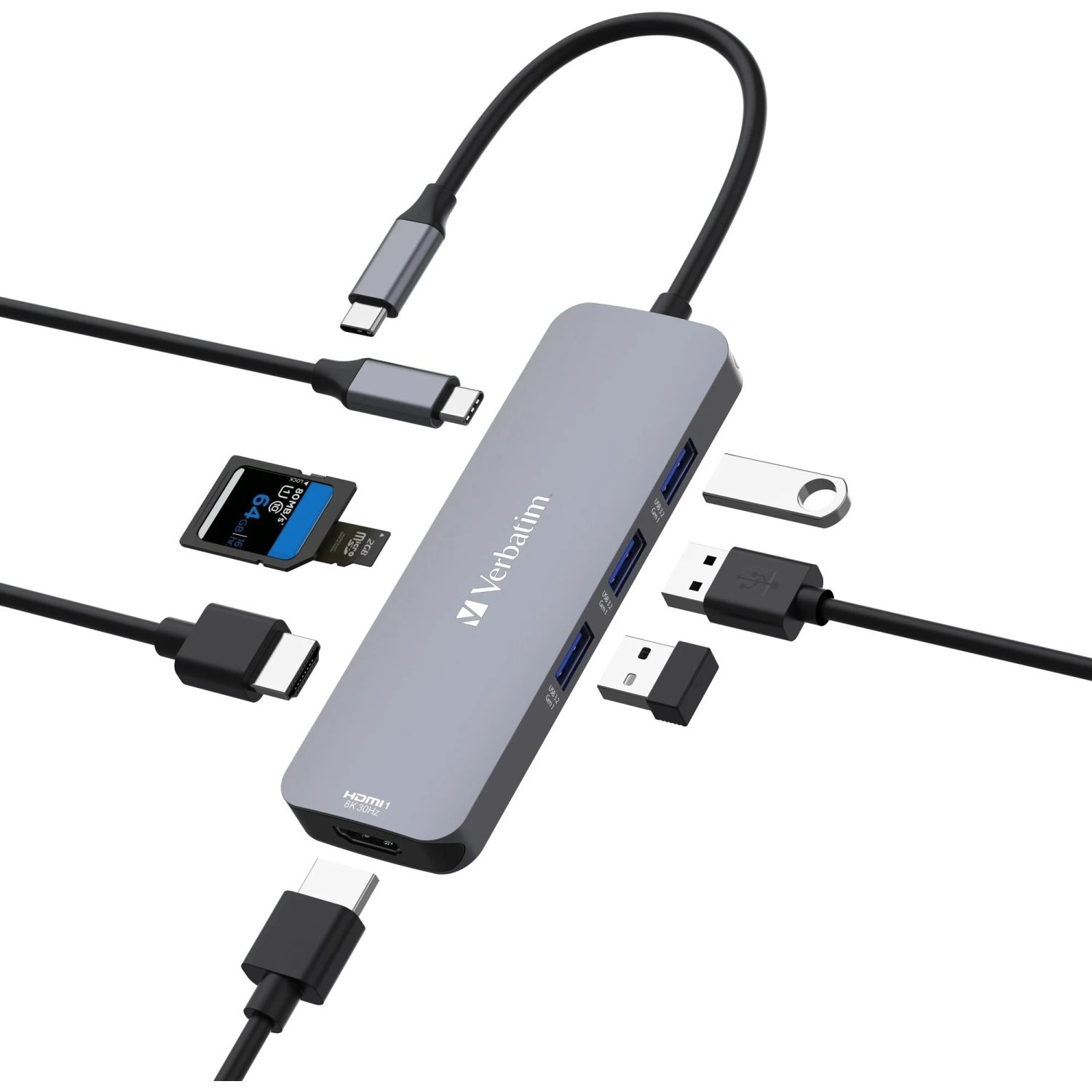 Hub USB grigio con più porte e cavi e dispositivi collegati.