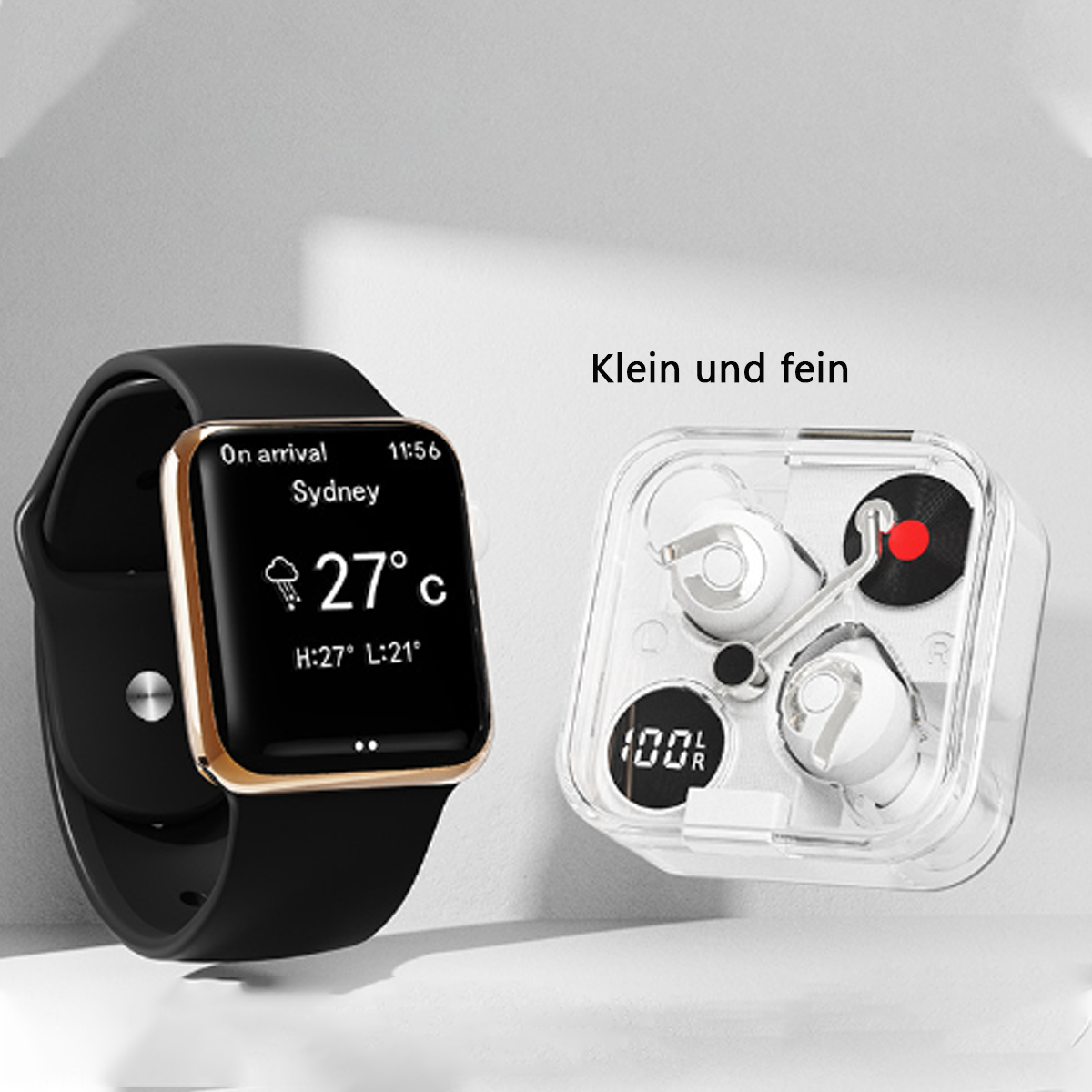 Schwarze Smartwatch mit schwarzem Armband neben weißen kabellosen Ohrhörern in Ladecase.