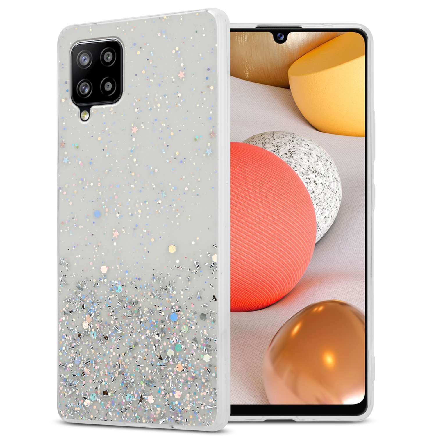 Una custodia per telefono con glitter e telefono parzialmente visibile.