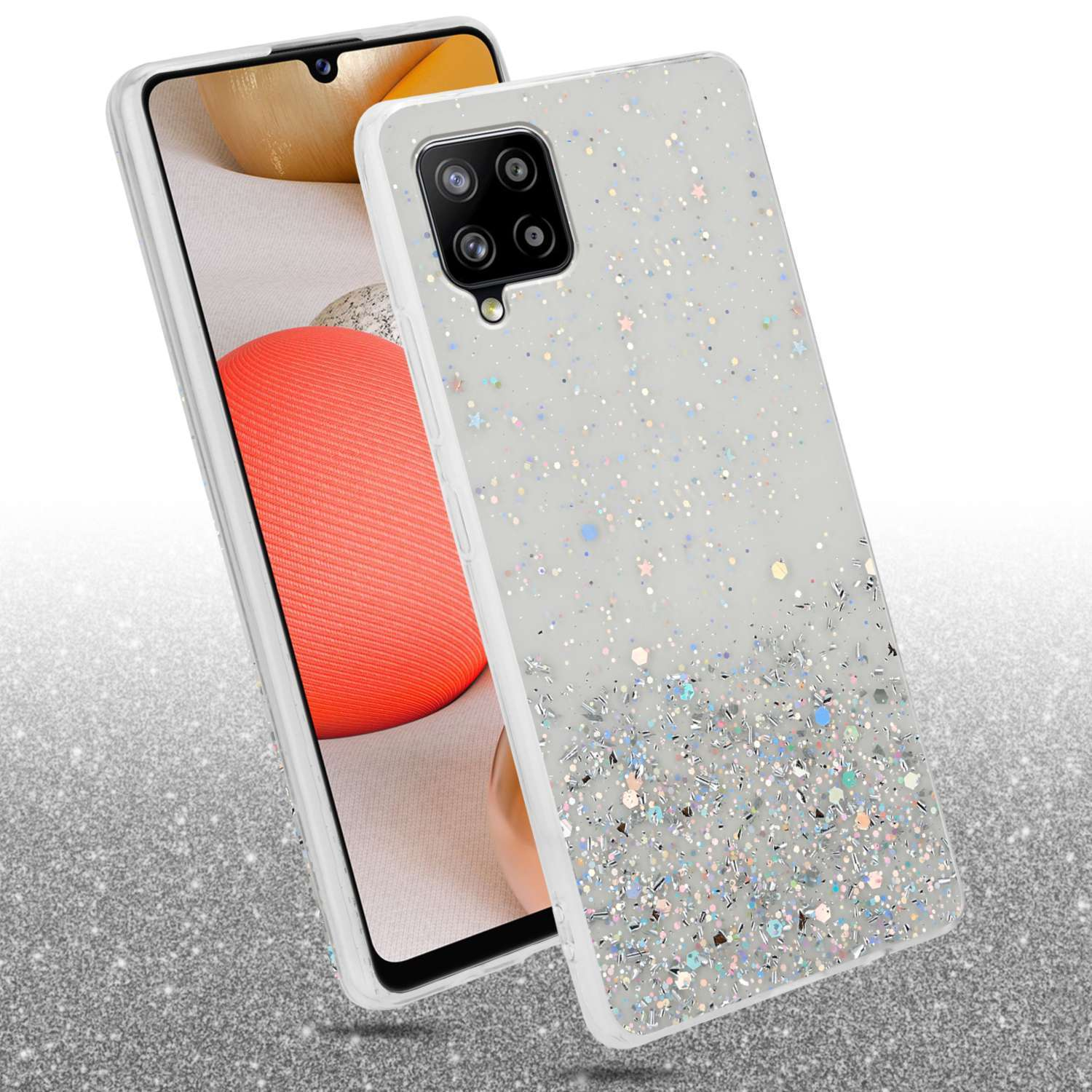 Due custodie bianche per telefono con glitter. Una custodia è sopra l'altra.